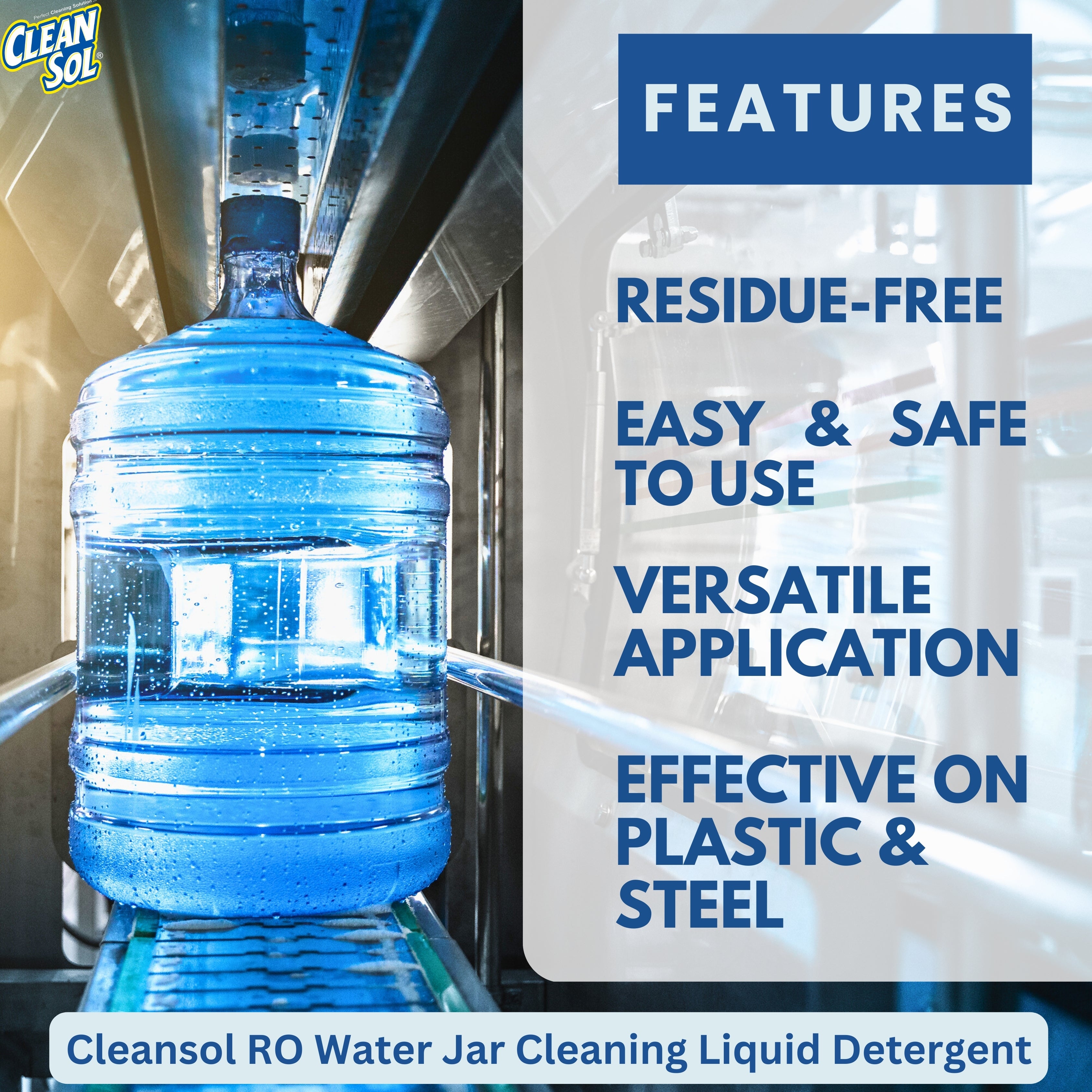 Cleansol RO Water Jar Cleaning Liquid Detergent | Deep Clean for Plastic & Steel Containers | Removes Oil, Grease & Deposits | Residue-Free & Safe for Water Storage - 5 Ltr