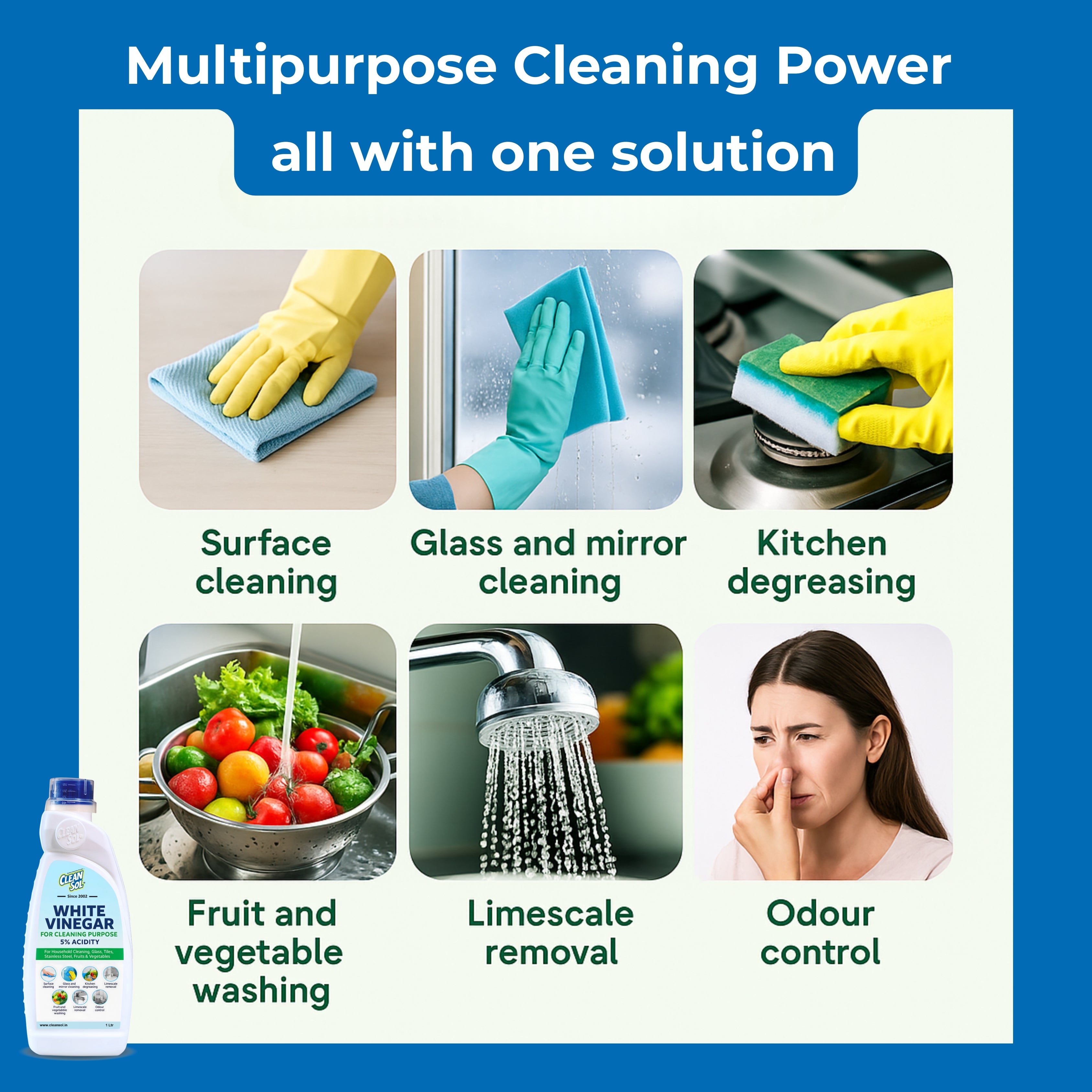 Cleansol White Vinegar for Cleaning Purpose  | 5% Vinegar for Household Use | Safe for Fruits & Vegetable Washing | Glass, Tile, Kitchen & Surface Cleane