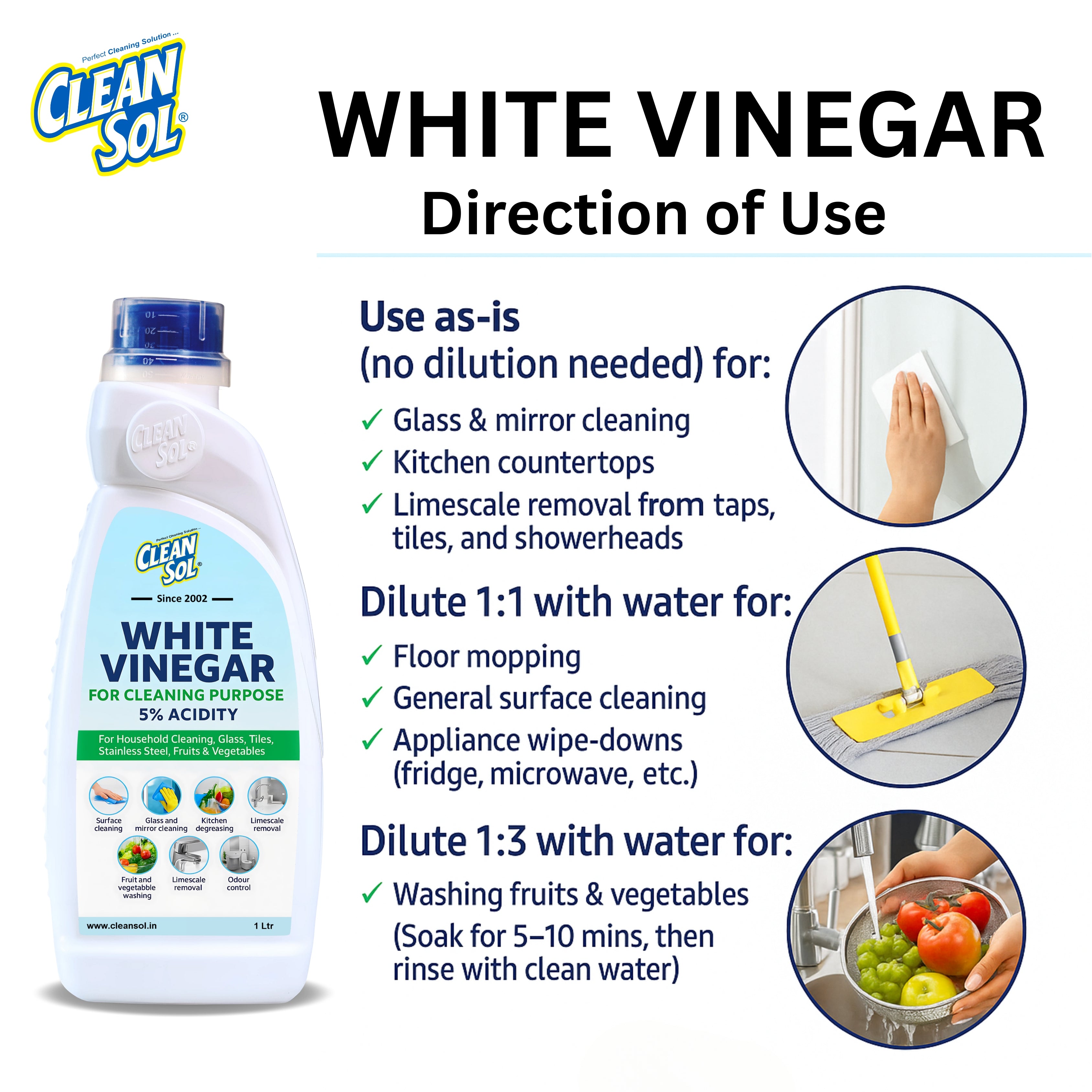 Cleansol White Vinegar for Cleaning Purpose  | 5% Vinegar for Household Use | Safe for Fruits & Vegetable Washing | Glass, Tile, Kitchen & Surface Cleane
