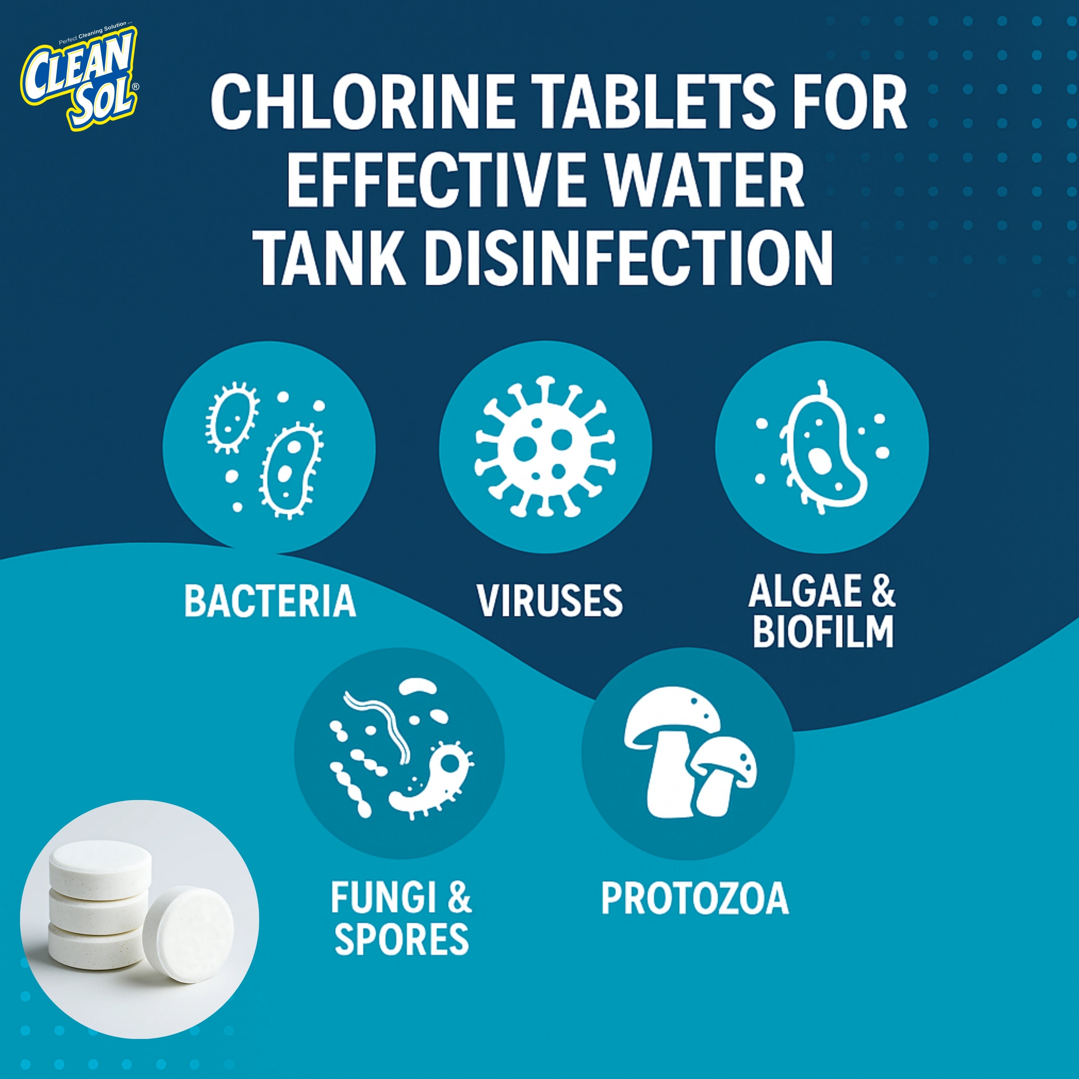 Cleansol Chlorine Tablets for Water Tank Disinfection  | Kills Germs & Controls Odour | Ideal for Overhead & Underground Water Tanks