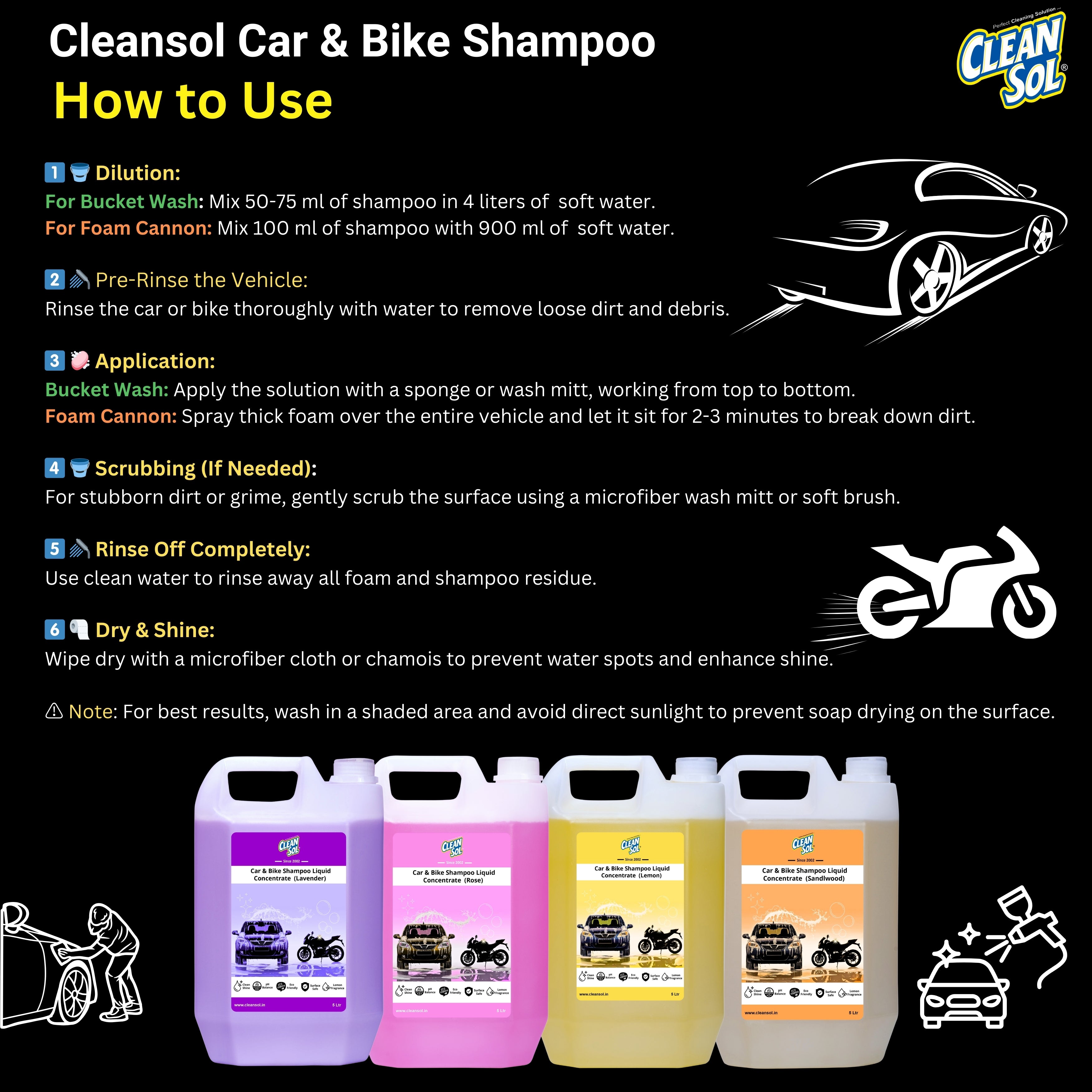 Cleansol Car & Bike Wash Shampoo Concentrate - 5 Ltr | High-Foaming, pH-Balanced, Paint-Safe Formula | Thick Suds with Shine Boost | Works with Foam Cannon & Bucket Wash |