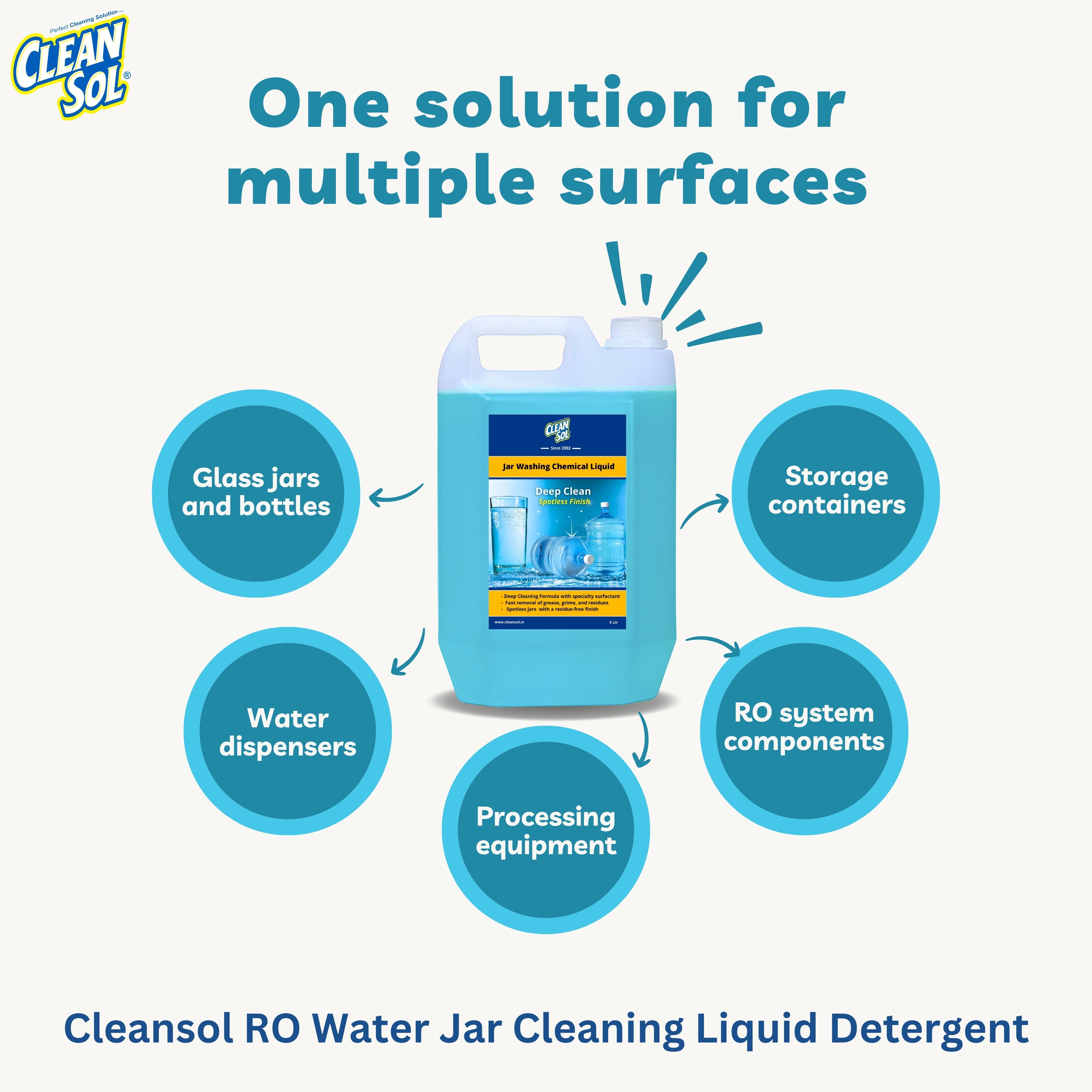 Cleansol RO Water Jar Cleaning Liquid Detergent | Deep Clean for Plastic & Steel Containers | Removes Oil, Grease & Deposits | Residue-Free & Safe for Water Storage - 5 Ltr