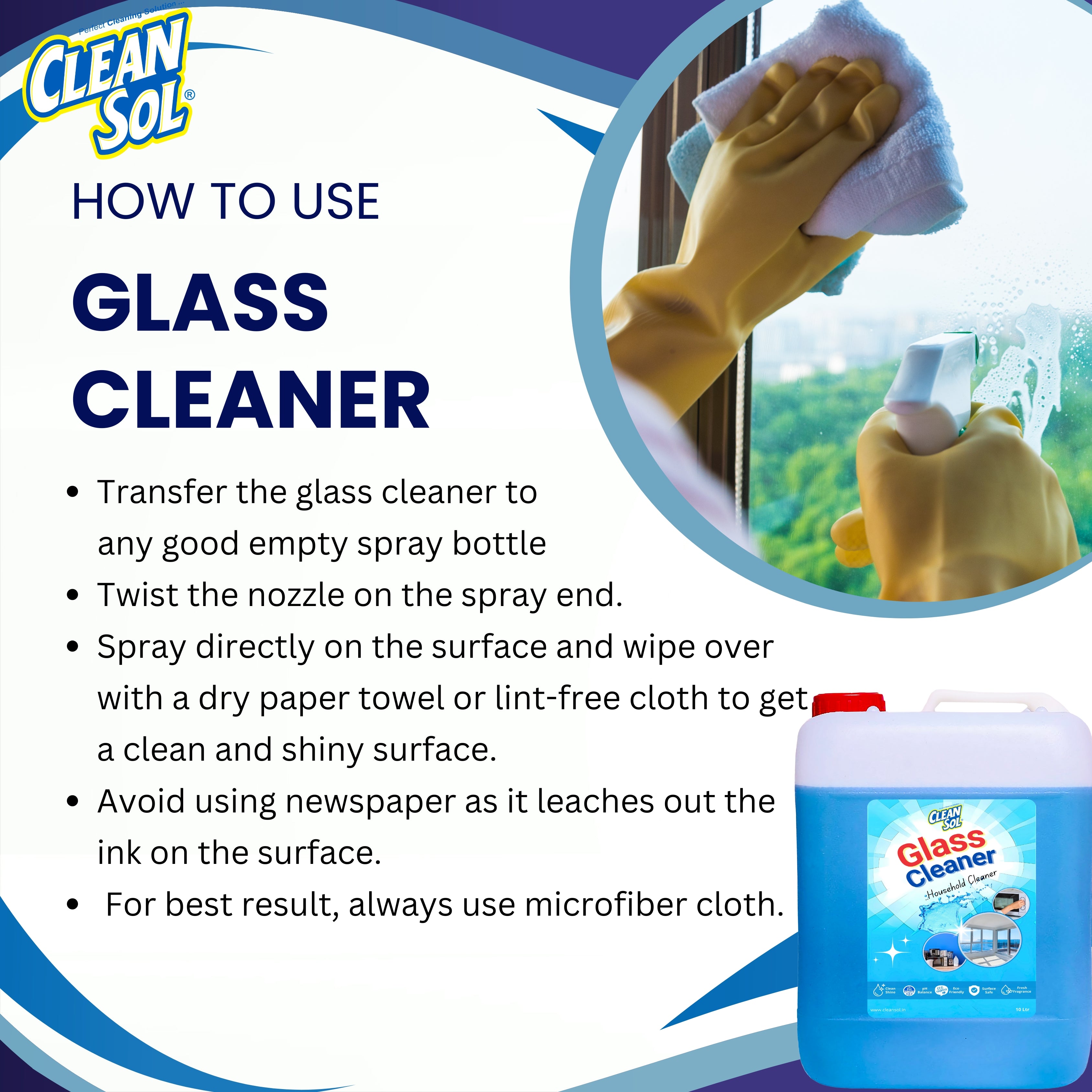 Cleansol Glass Cleaner Spray 10 Liters | Streak & Ammonia Free Glass Cleaning Liquid for Car Windshield, Windows, Mirrors | Eco-Friendly Multipurpose All-Surface Cleaner for Kitchen & Solar Panels