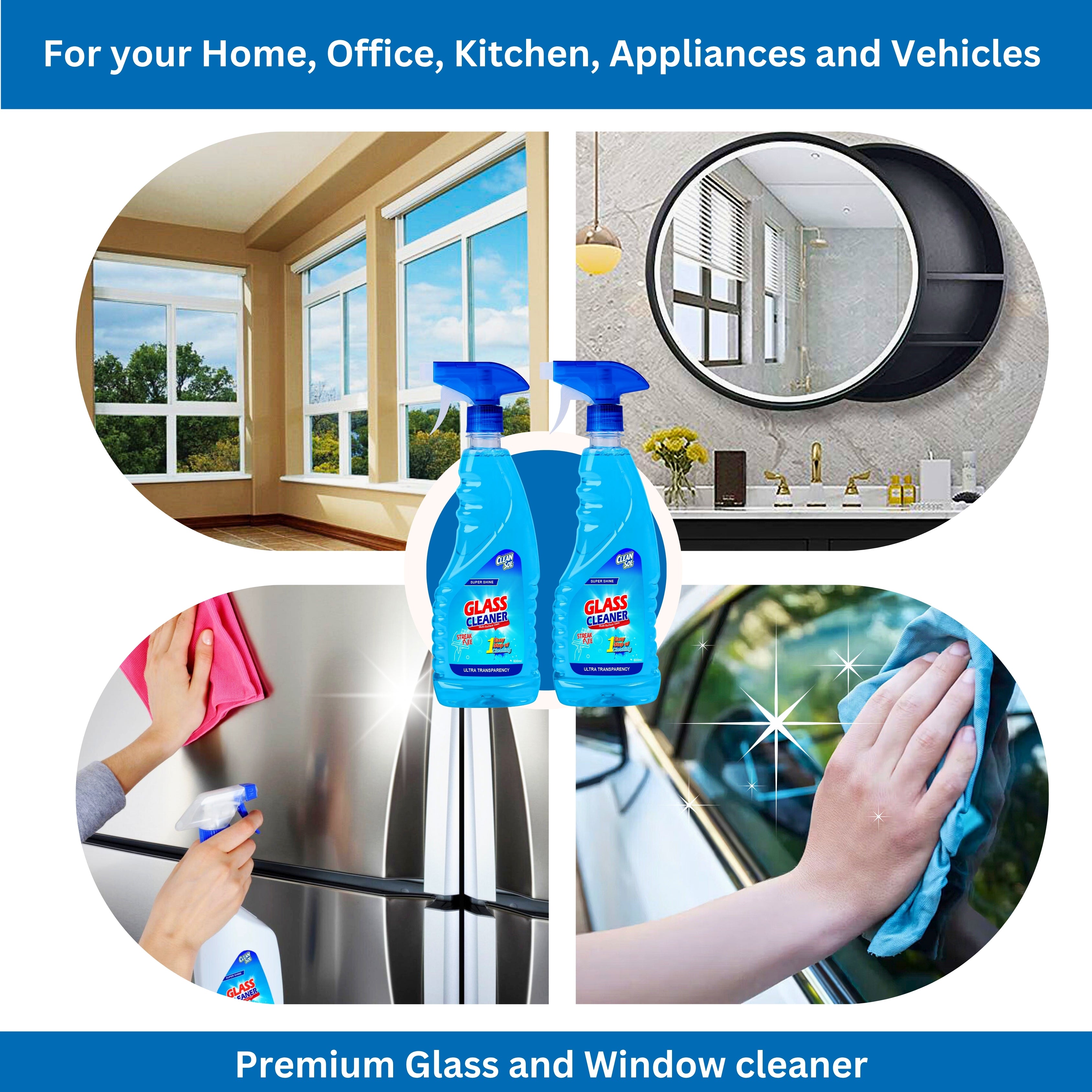 Cleansol Glass Cleaner Liquid Spray | Streak-Free, Non-Toxic, Ammonia-Free, Eco-Friendly Multi-Surface Glass Cleaner | For Mirror, Window, Kitchen, Car Windshields, | Fresh Fragrance |