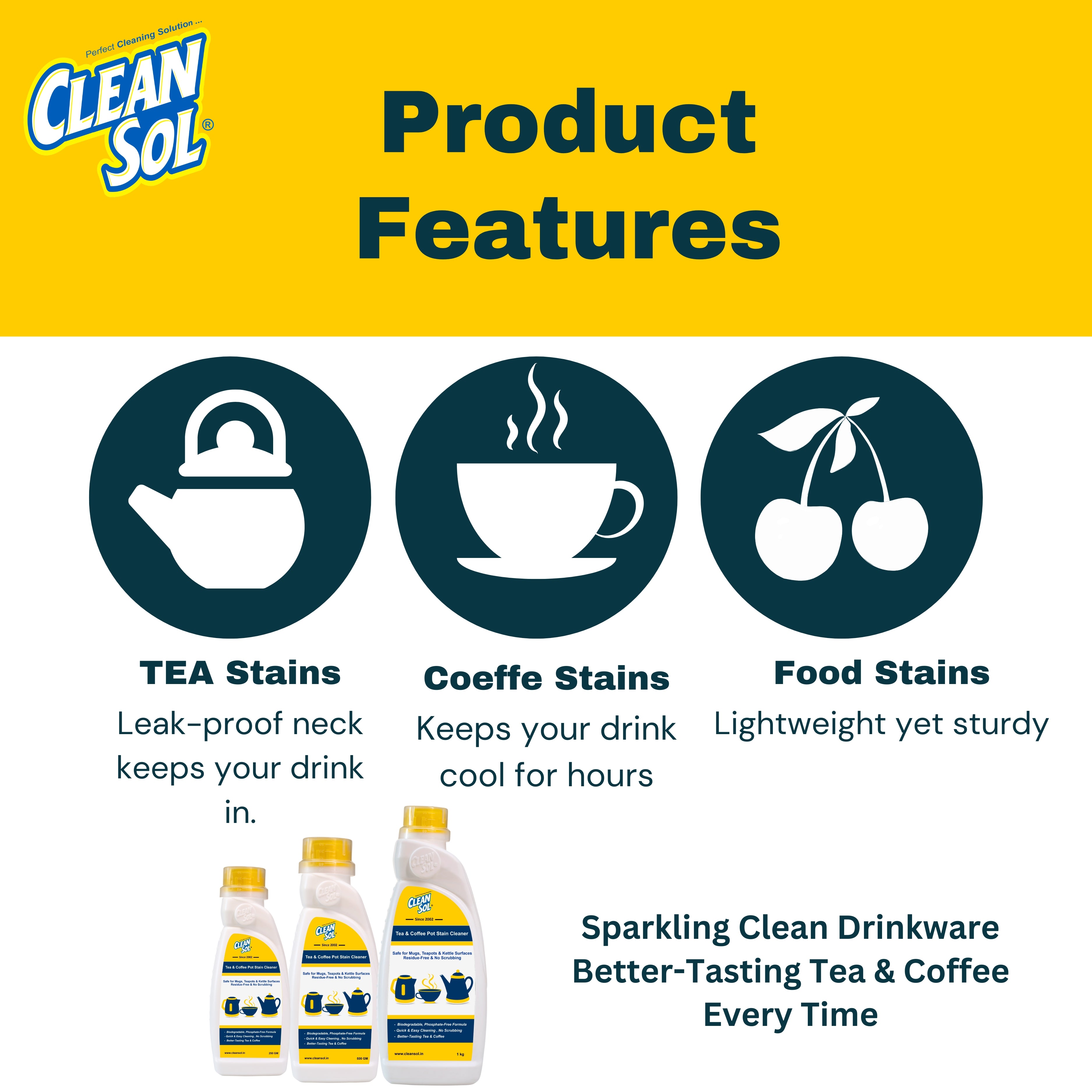 Cleansol Tea & Coffee Pot Stain Cleaner Powder | Safe for Mugs, Teapots &  Kettle Surfaces | Residue-Free &  No Scrubbing