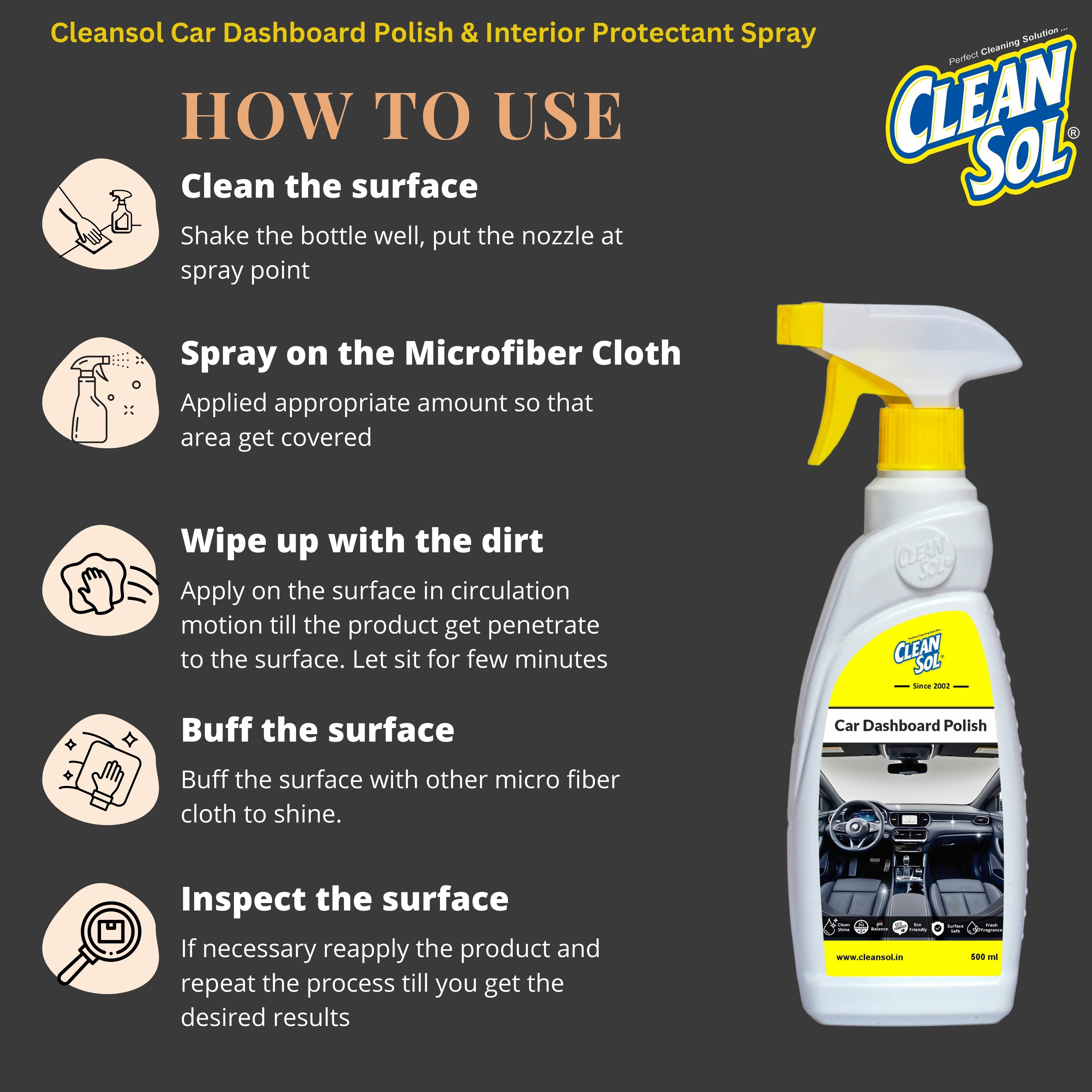 Cleansol Dashboard Polish | Interior Shine & Protectant Spray