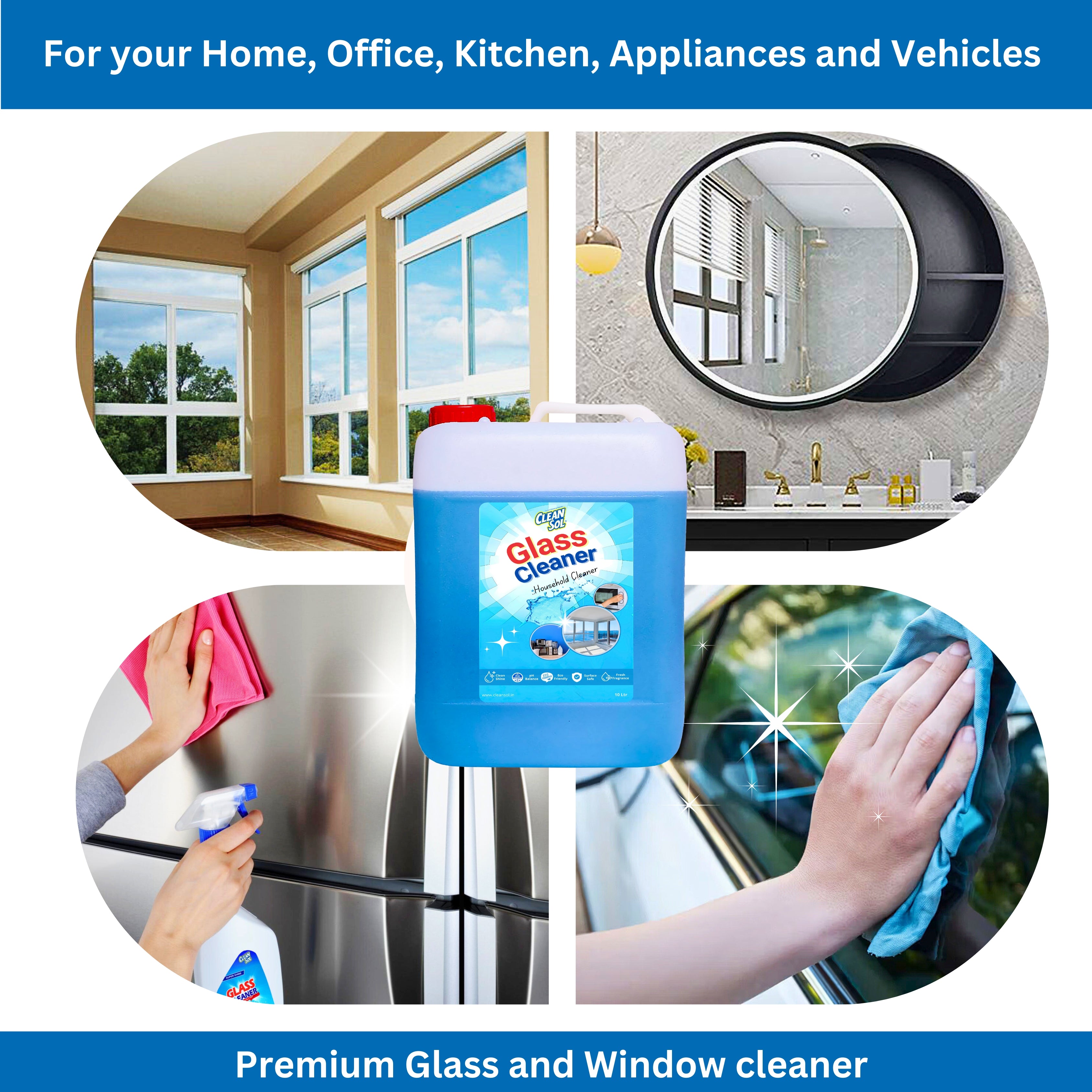 Cleansol Glass Cleaner Spray 10 Liters | Streak & Ammonia Free Glass Cleaning Liquid for Car Windshield, Windows, Mirrors | Eco-Friendly Multipurpose All-Surface Cleaner for Kitchen & Solar Panels