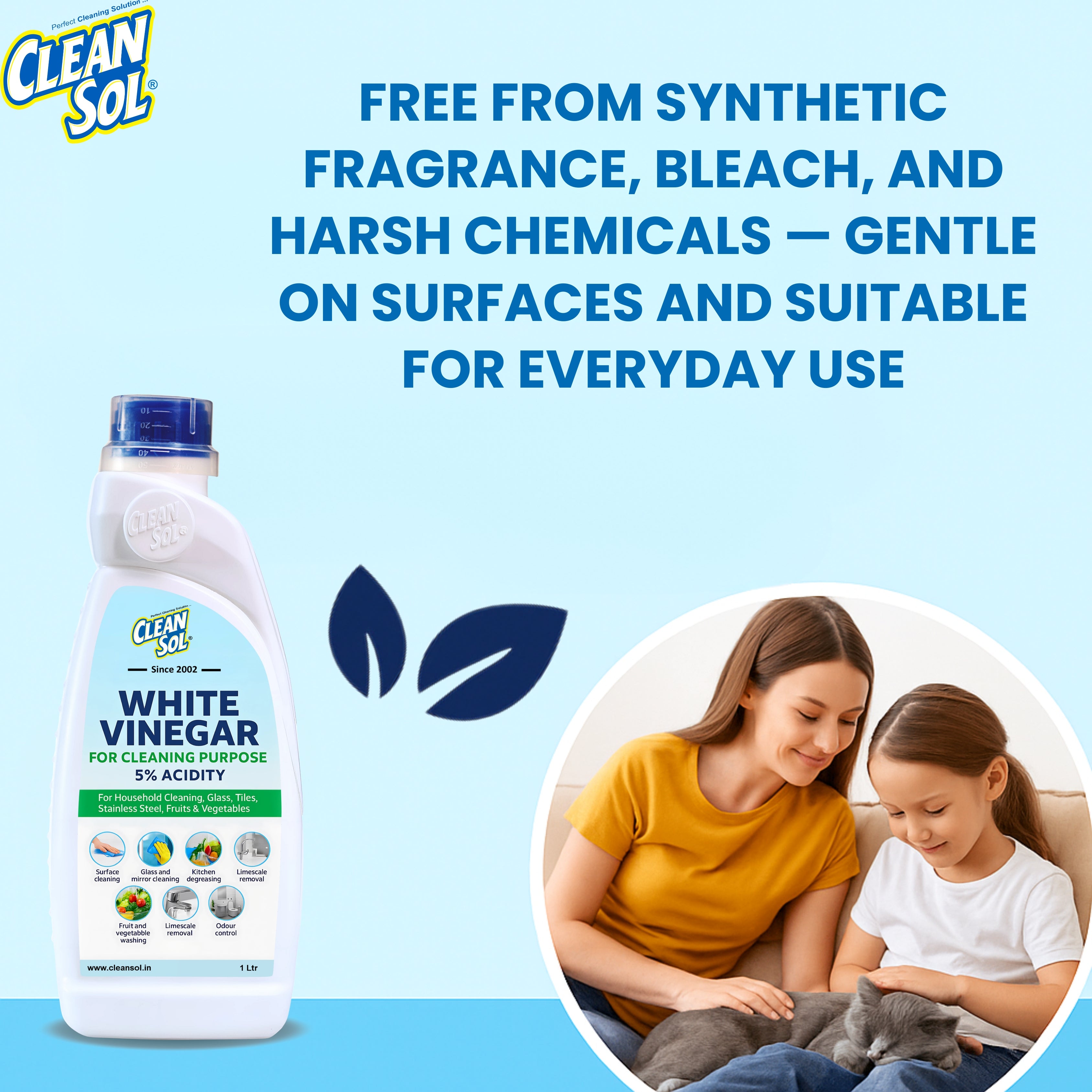 Cleansol White Vinegar for Cleaning Purpose  | 5% Vinegar for Household Use | Safe for Fruits & Vegetable Washing | Glass, Tile, Kitchen & Surface Cleane