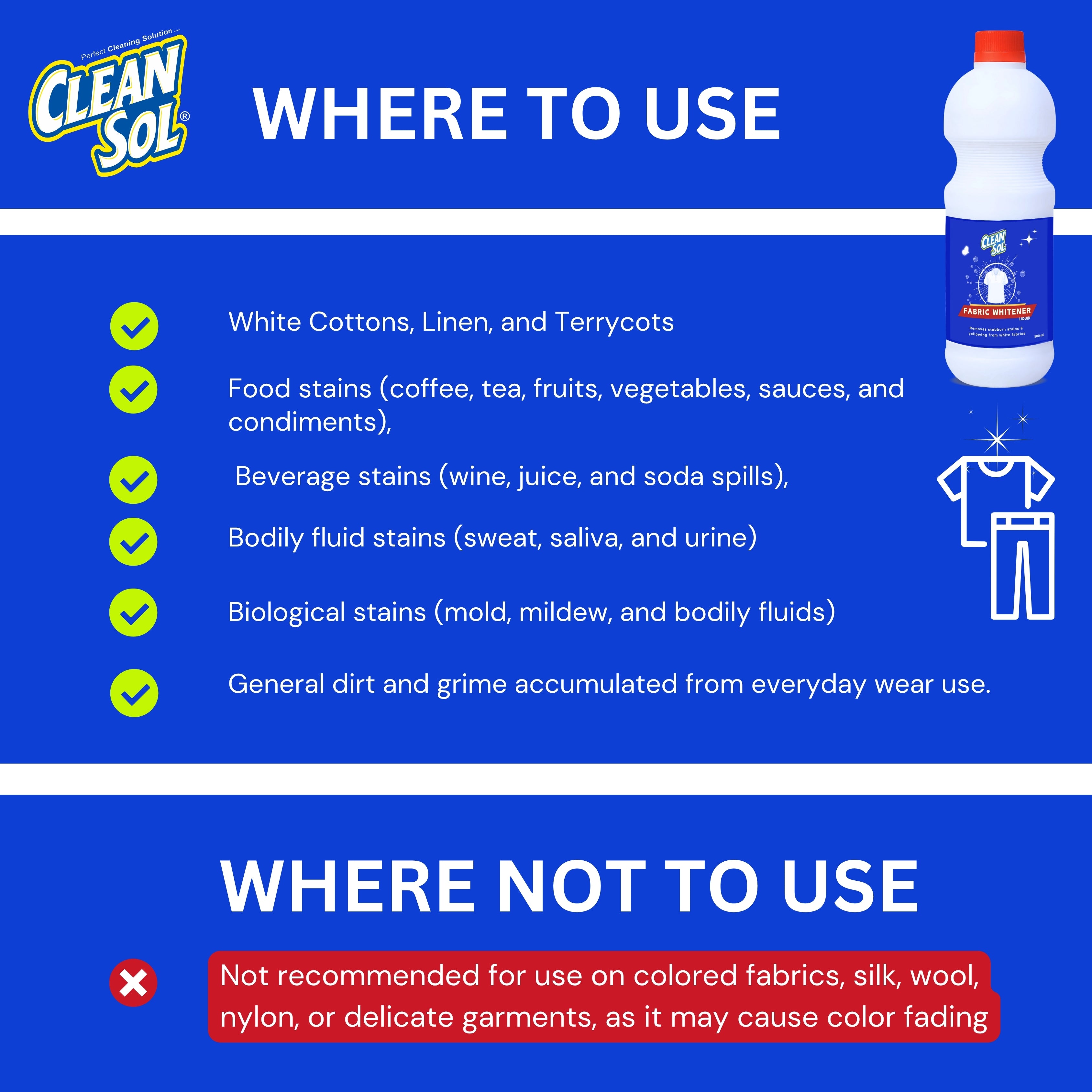 Cleansol Fabric Whitener | Removes Stubborn Stains | Brightens White Clothes