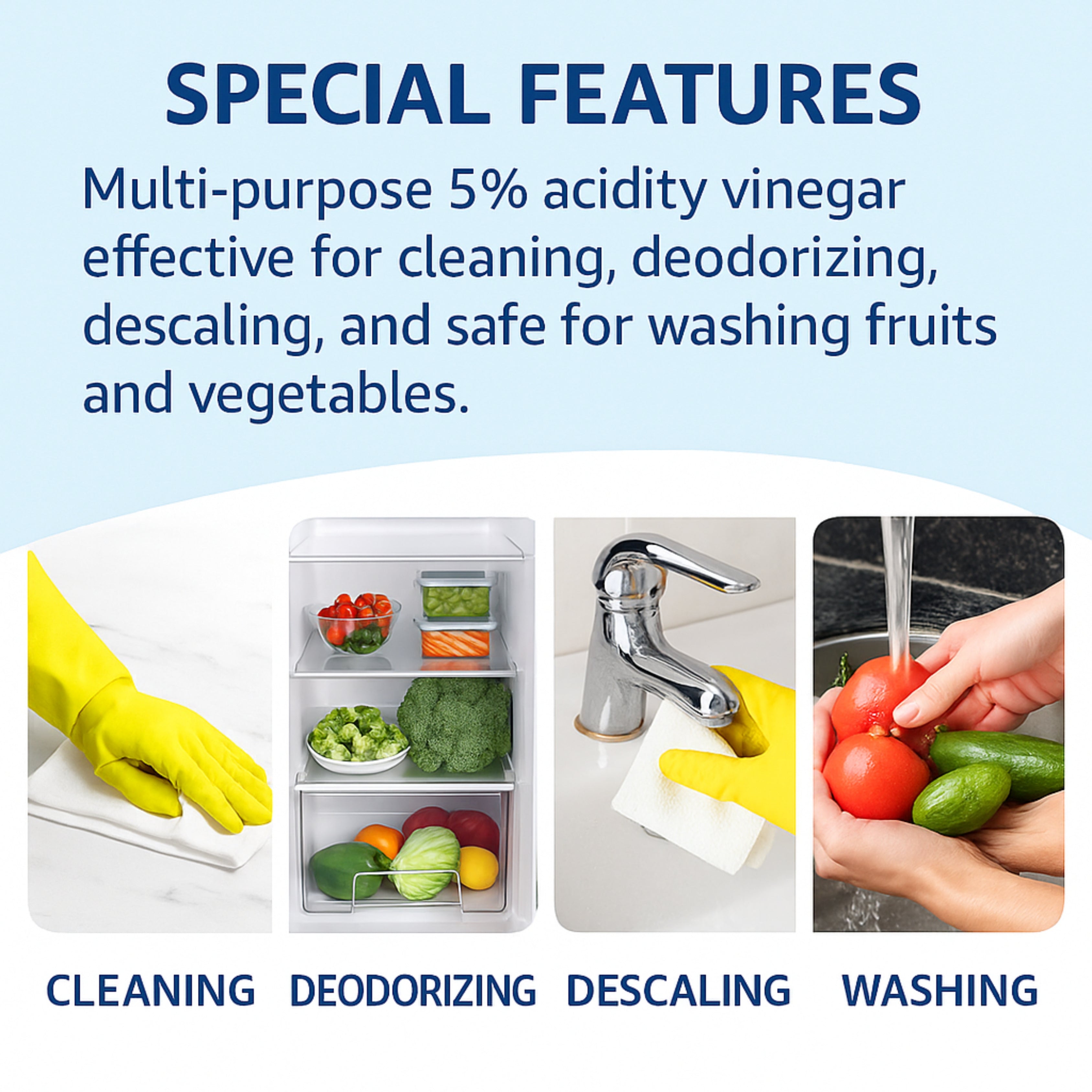 Cleansol White Vinegar for Cleaning Purpose  | 5% Vinegar for Household Use | Safe for Fruits & Vegetable Washing | Glass, Tile, Kitchen & Surface Cleane