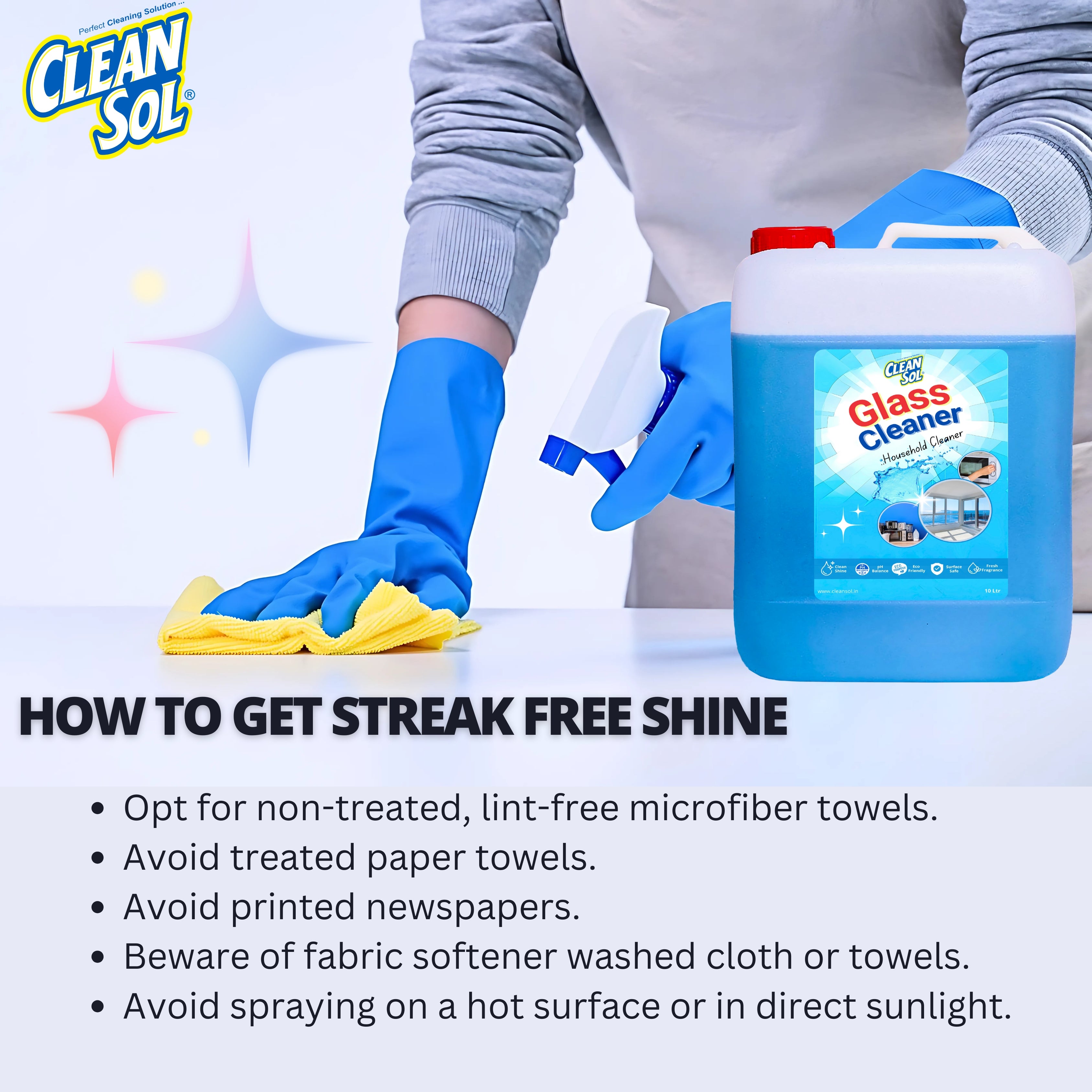 Cleansol Glass Cleaner Spray 10 Liters | Streak & Ammonia Free Glass Cleaning Liquid for Car Windshield, Windows, Mirrors | Eco-Friendly Multipurpose All-Surface Cleaner for Kitchen & Solar Panels