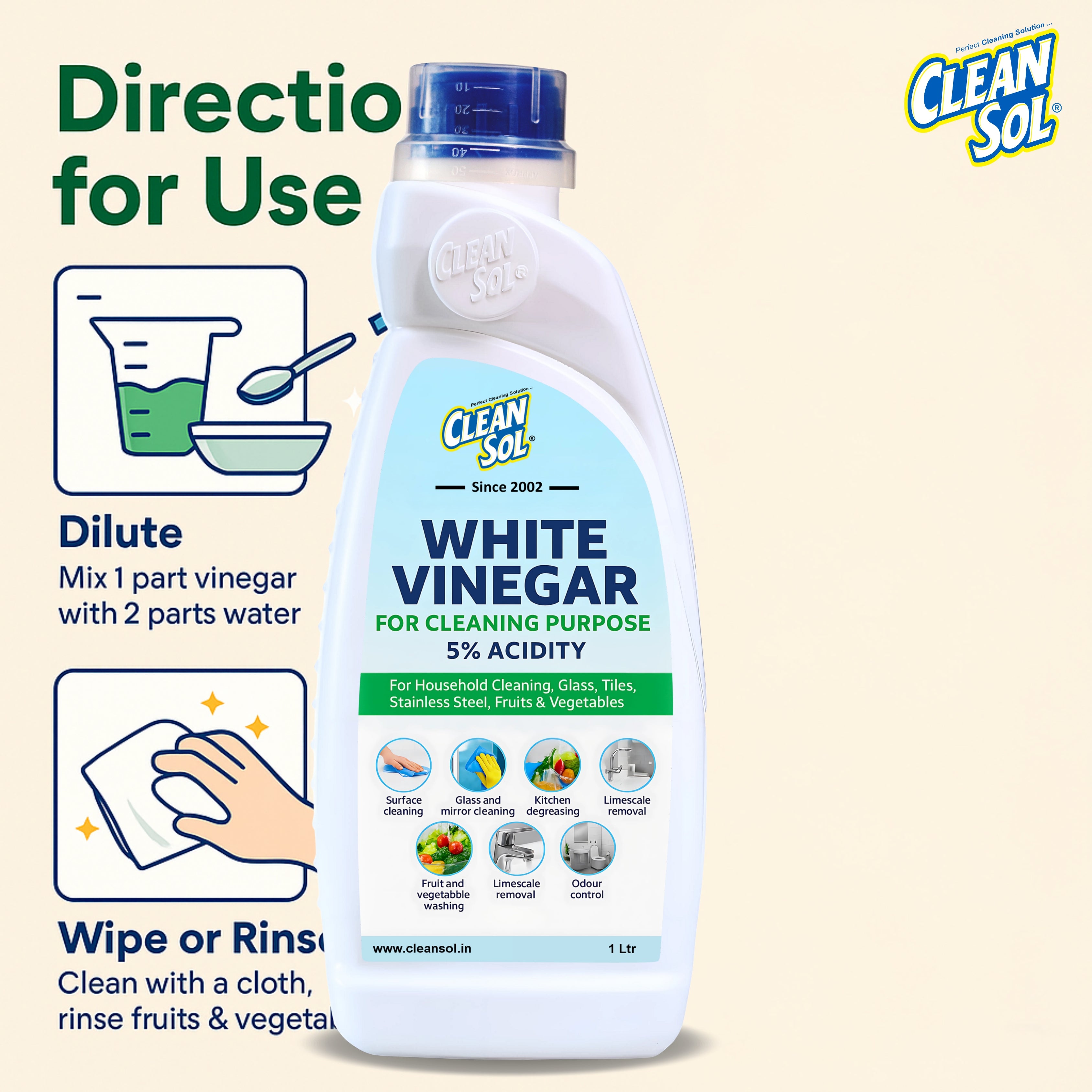 Cleansol White Vinegar for Cleaning Purpose  | 5% Vinegar for Household Use | Safe for Fruits & Vegetable Washing | Glass, Tile, Kitchen & Surface Cleane