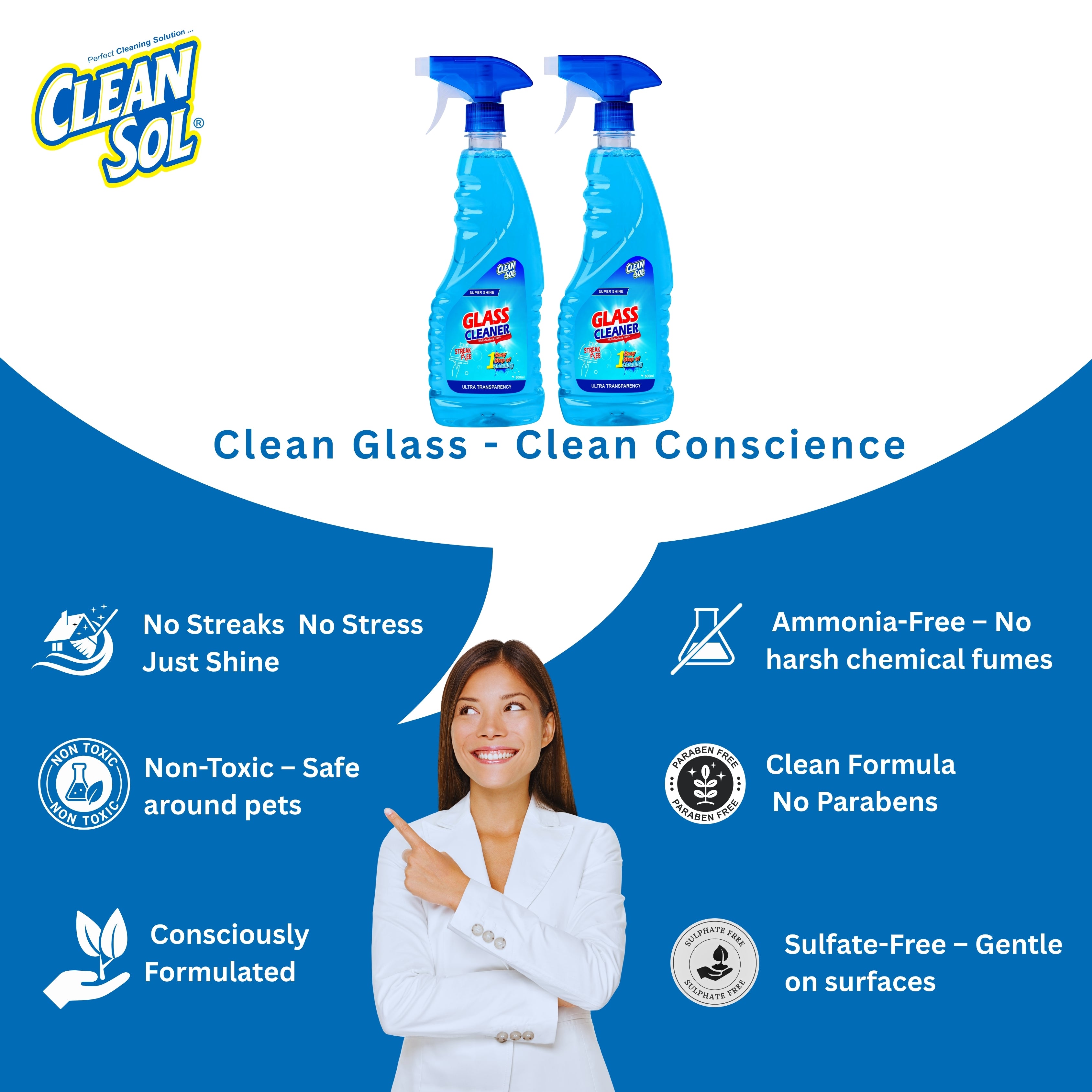 Cleansol Glass Cleaner Liquid Spray | Streak-Free, Non-Toxic, Ammonia-Free, Eco-Friendly Multi-Surface Glass Cleaner | For Mirror, Window, Kitchen, Car Windshields, | Fresh Fragrance |