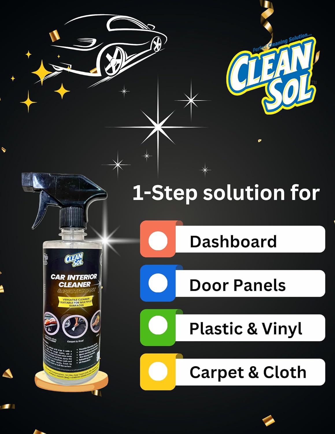 Cleansol Car Interior Cleaner and Protectant Spray- 400ML| for Dashboard, Car Seats, Door Panels and Roof | Fresh Lemon Fragrance
