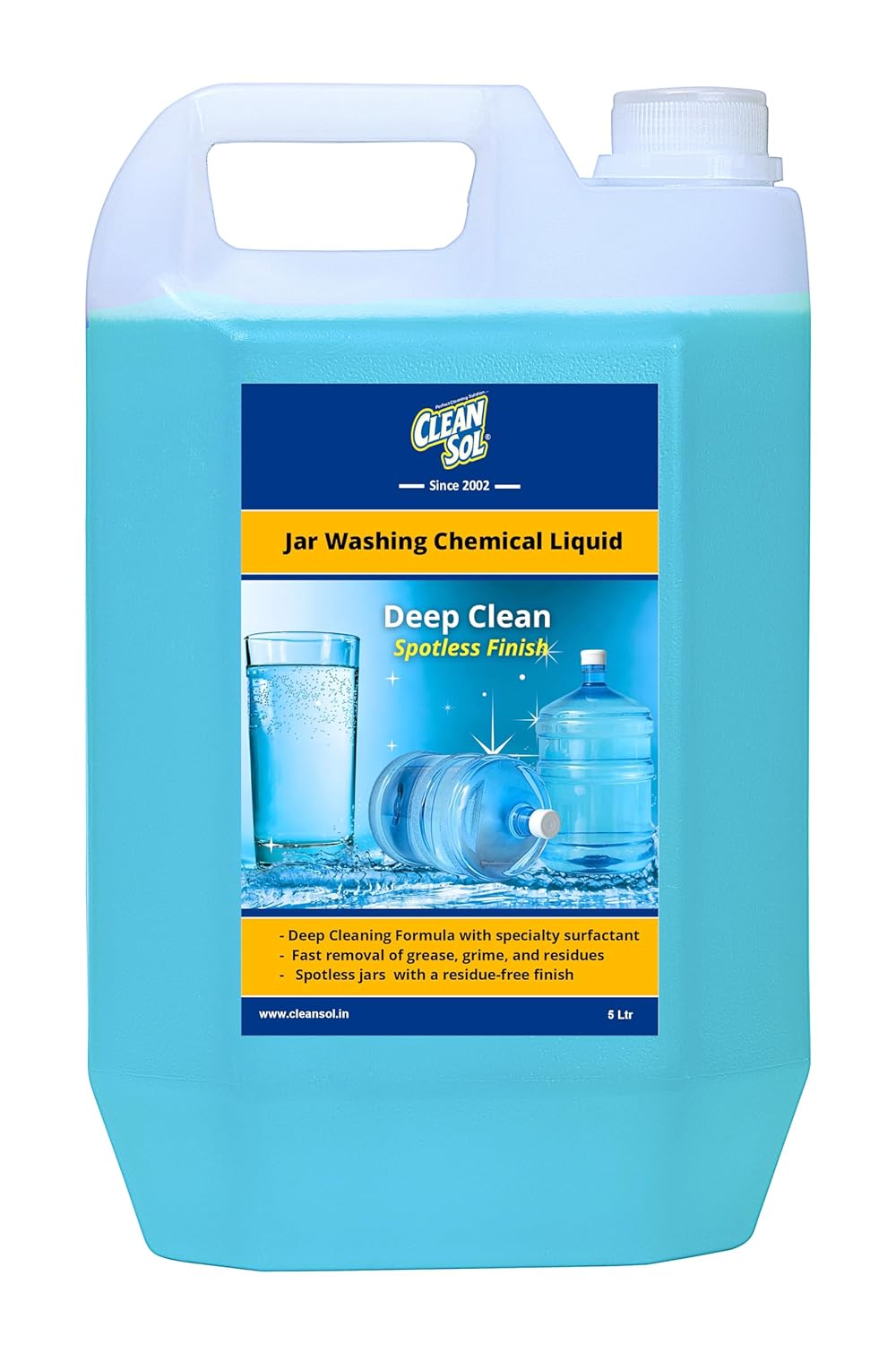 Cleansol RO Water Jar Cleaning Liquid Detergent | Deep Clean for Plastic & Steel Containers | Removes Oil, Grease & Deposits | Residue-Free & Safe for Water Storage - 5 Ltr