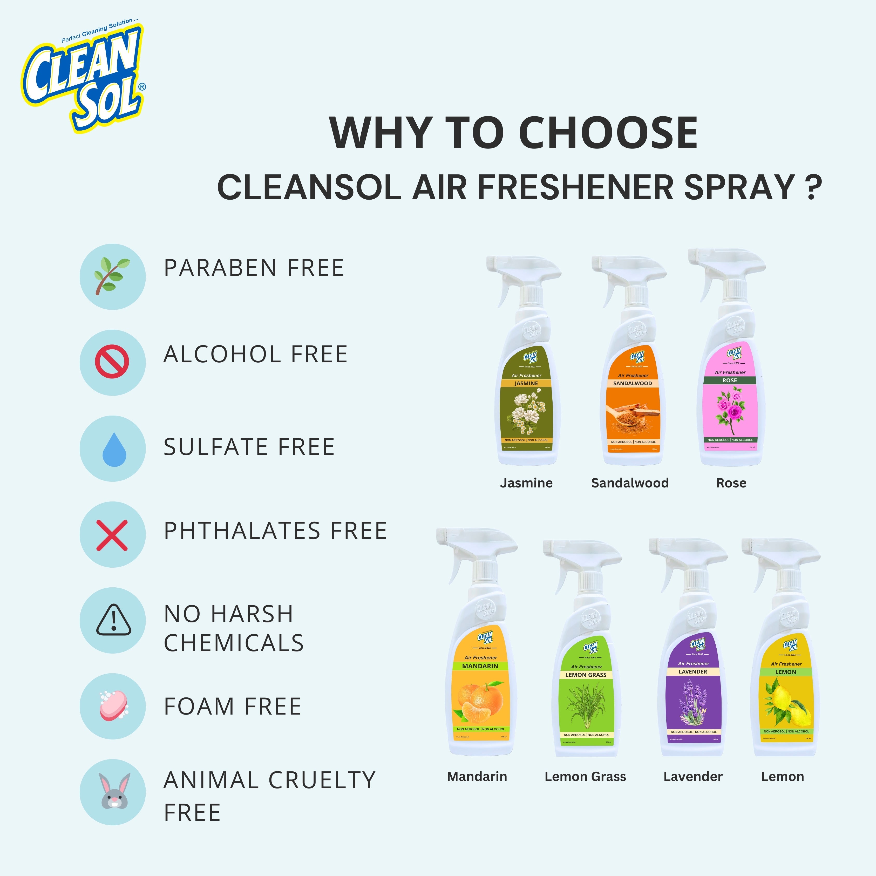 Cleansol  Air Freshener Spray  - 500 ml  | Non-Aerosol, Water-Based, Alcohol-Free | Long-Lasting Fragrance for Home, Car, Office | Non-Toxic, Eco-Friendly, Solvent-Free Air Freshener