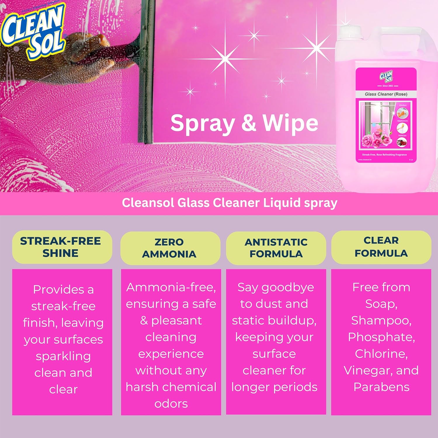 Cleansol Glass Cleaner Spray – Rose Fragrance | Streak-Free, Non-Toxic, Ammonia-Free, Eco-Friendly Multi-Surface Cleaner for Windows, Mirrors, Car Windshields, Kitchen & Home Cleaning - 5 ltr