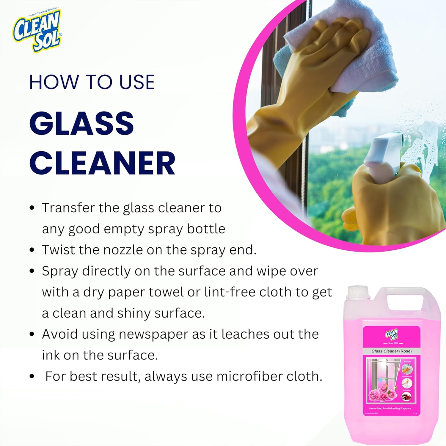 Cleansol Glass Cleaner Spray – Rose Fragrance | Streak-Free, Non-Toxic, Ammonia-Free, Eco-Friendly Multi-Surface Cleaner for Windows, Mirrors, Car Windshields, Kitchen & Home Cleaning - 5 ltr