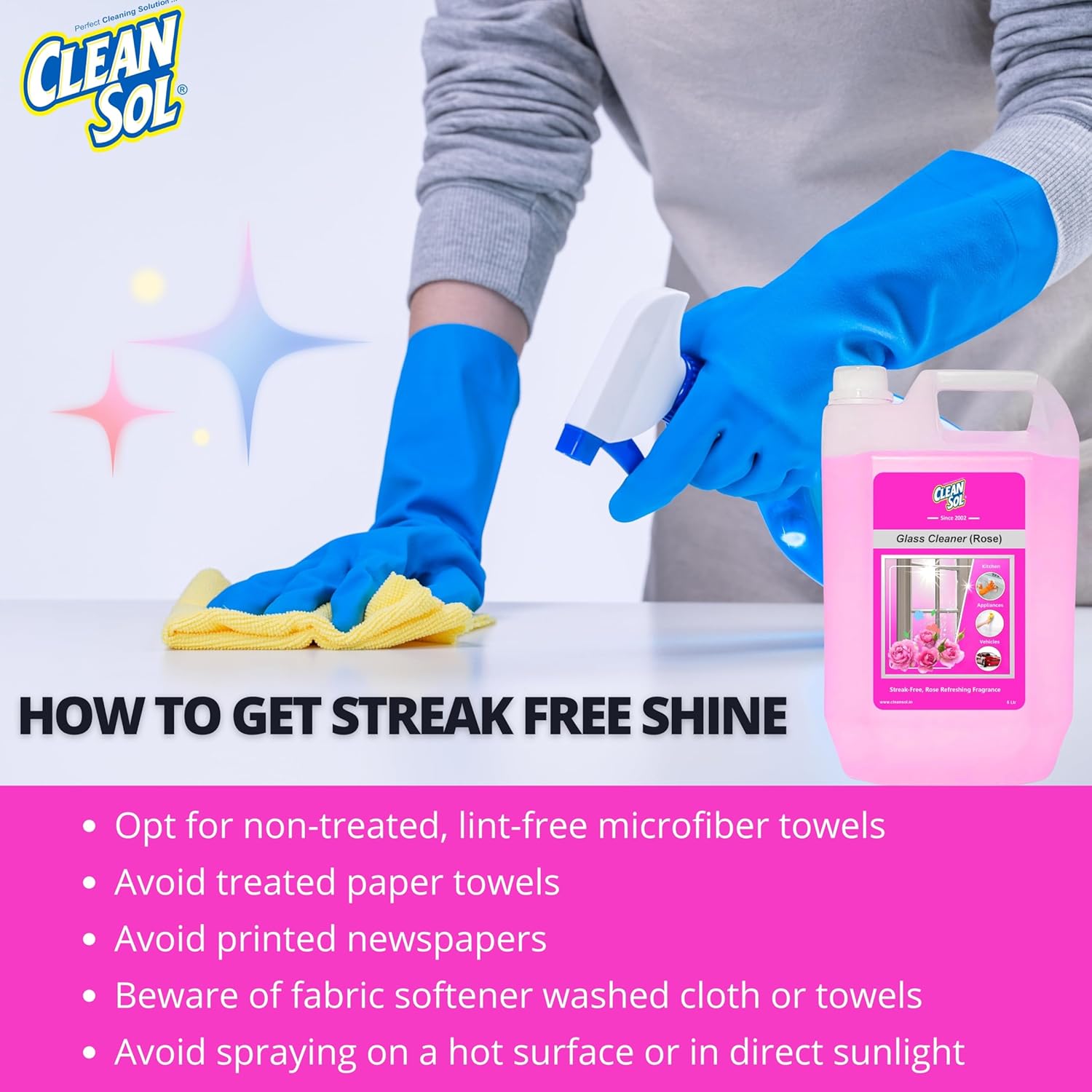 Cleansol Glass Cleaner Spray – Rose Fragrance | Streak-Free, Non-Toxic, Ammonia-Free, Eco-Friendly Multi-Surface Cleaner for Windows, Mirrors, Car Windshields, Kitchen & Home Cleaning - 5 ltr