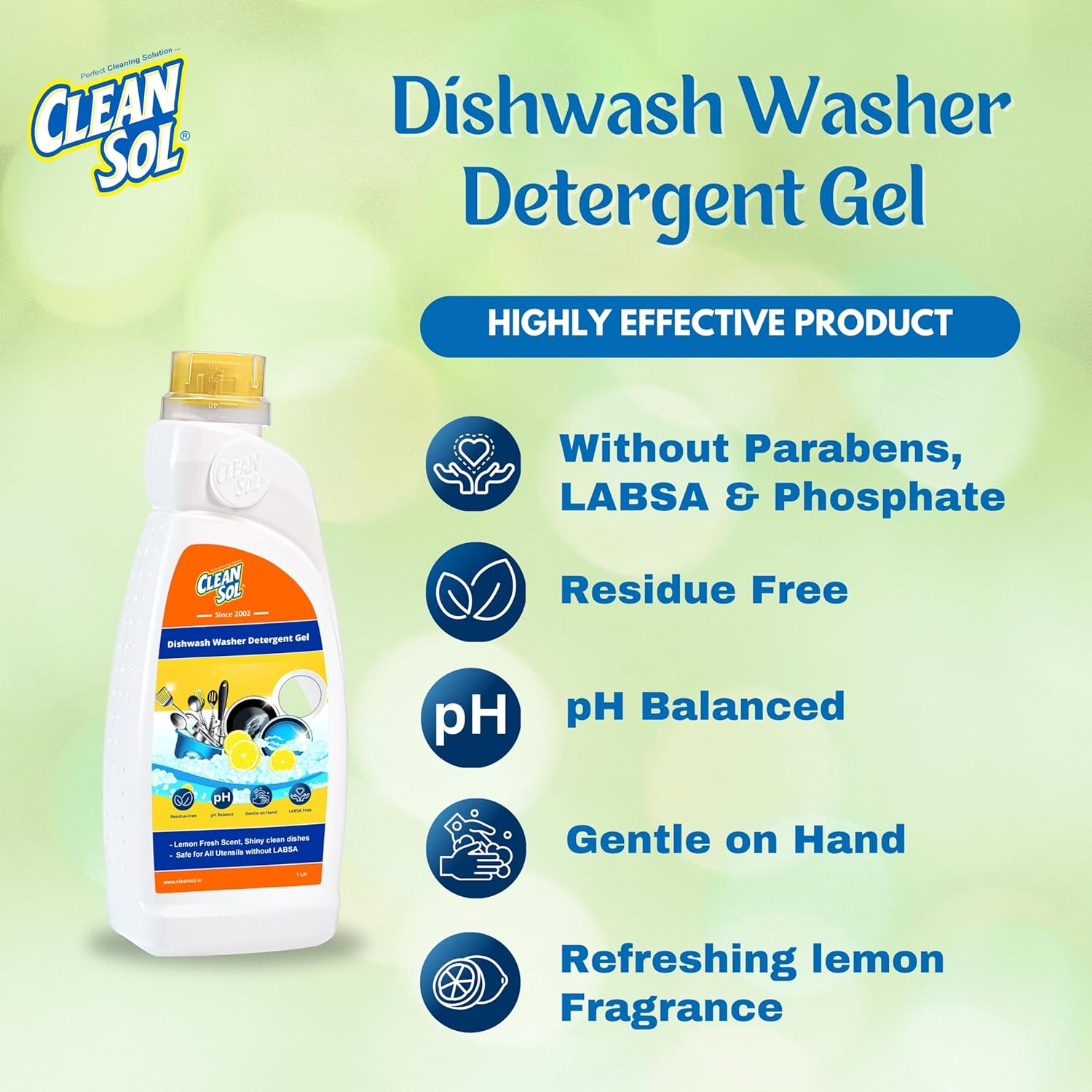 Cleansol Dishwash Washer Detergent Gel Liquid Dishwashing – Powerful Grease & Oil Remover | pH-Balanced, Gentle on Hands & LABSA-Free | Safe for Utensils, Crockery & Glassware