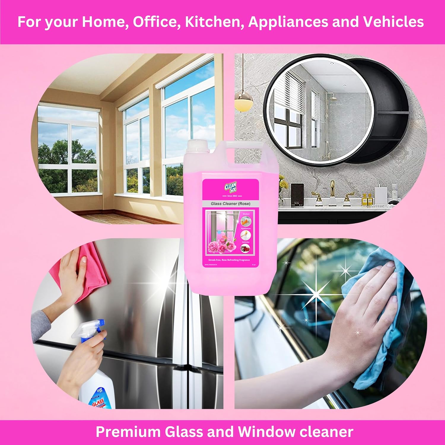 Cleansol Glass Cleaner Spray – Rose Fragrance | Streak-Free, Non-Toxic, Ammonia-Free, Eco-Friendly Multi-Surface Cleaner for Windows, Mirrors, Car Windshields, Kitchen & Home Cleaning - 5 ltr