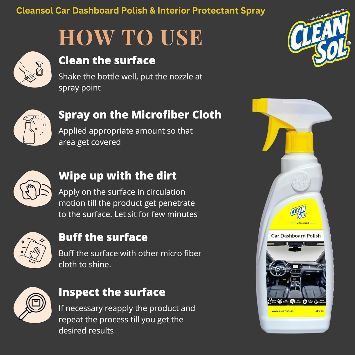 Cleansol Premium Car Dashboard Polish & Interior Protectant Spray (500ml) | High Gloss Shine | UV Protection | Restores Plastic, Leather, Vinyl & Rubber | Non-Greasy, Dust-Repellent Formula