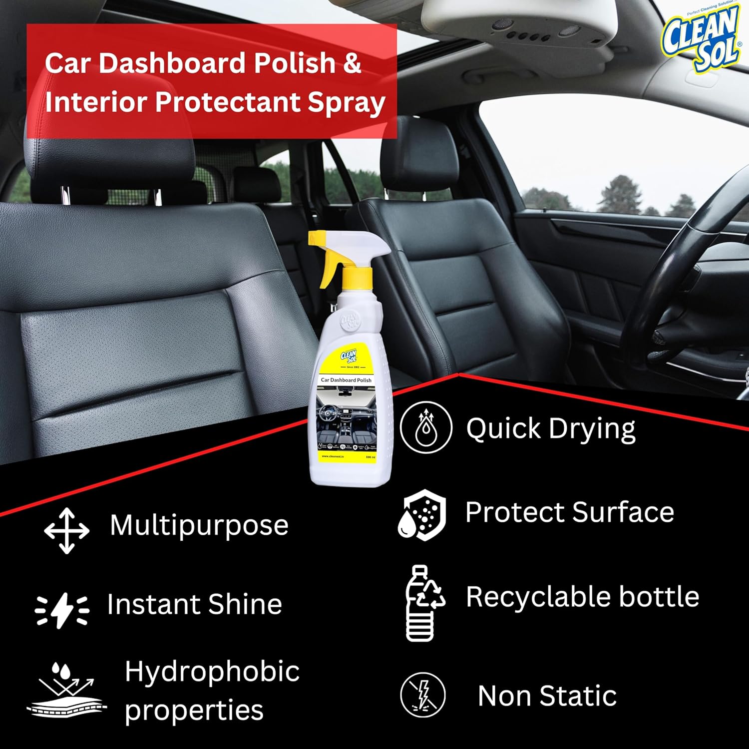 Cleansol Premium Car Dashboard Polish & Interior Protectant Spray (500ml) | High Gloss Shine | UV Protection | Restores Plastic, Leather, Vinyl & Rubber | Non-Greasy, Dust-Repellent Formula