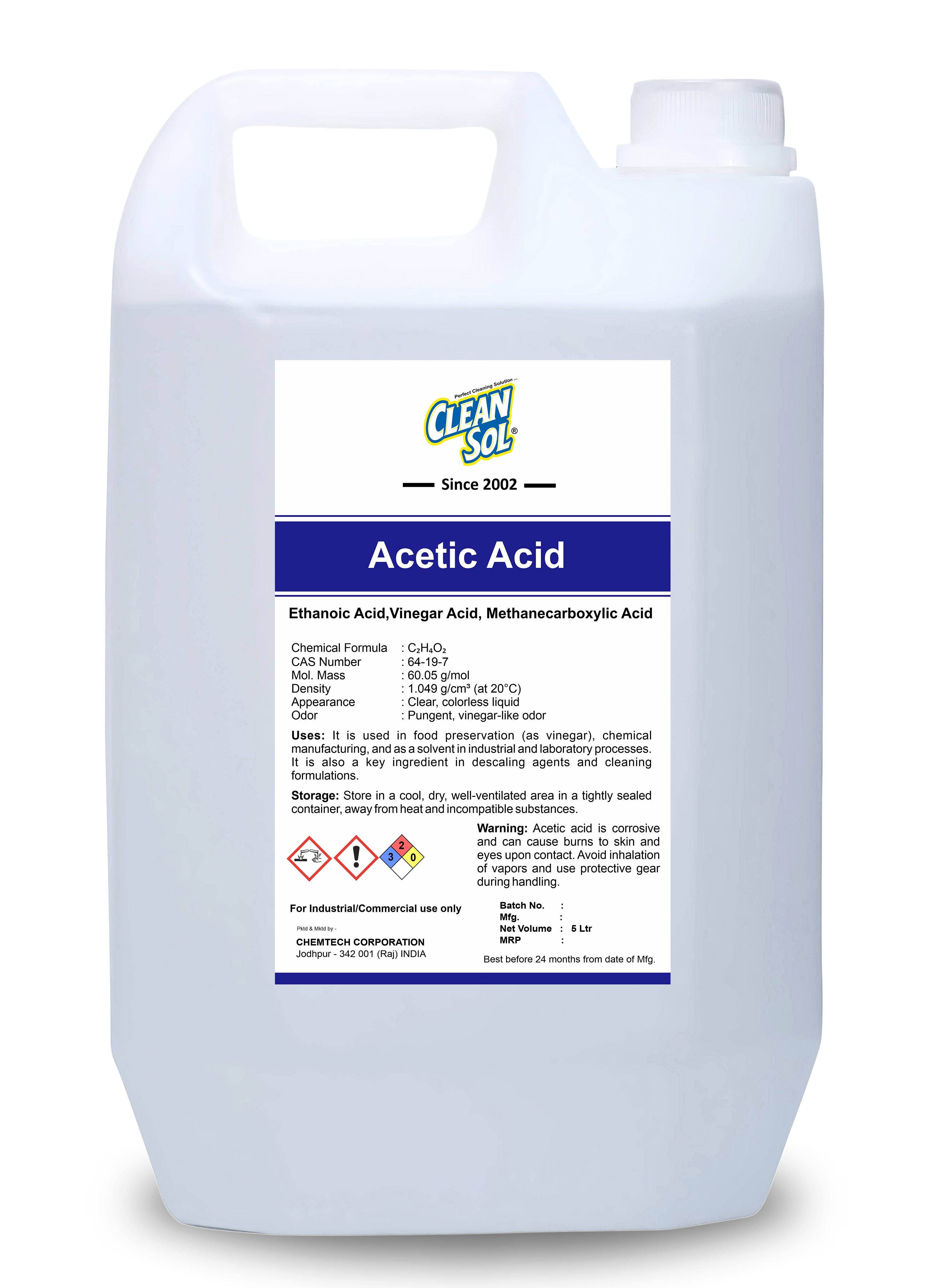 Cleansol Acetic Acid | Vinegar Acid for Cleaning, Descaling, and Preservation Applications