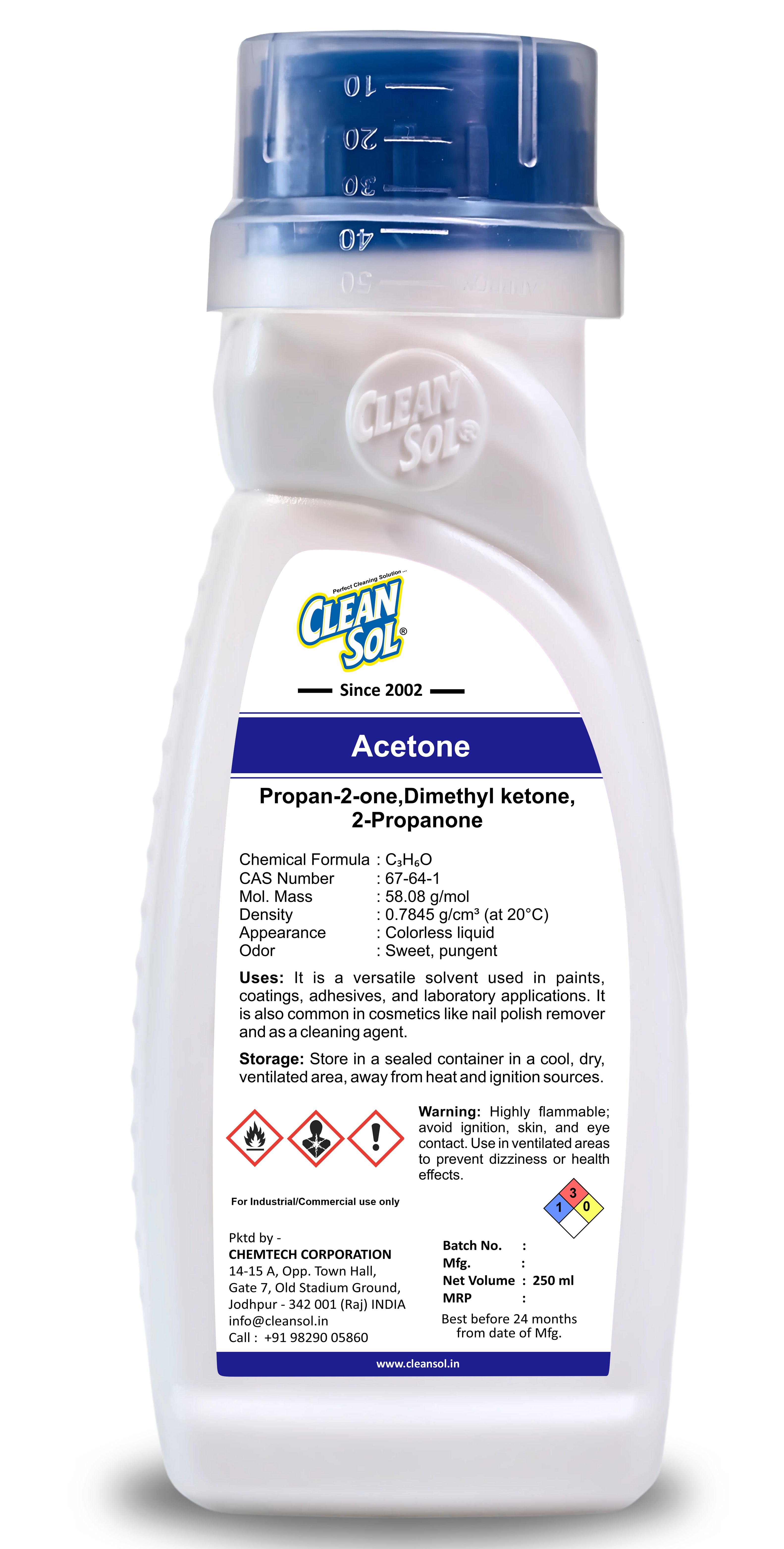 Cleansol Acetone 99.9% Pure | Industrial-Grade Solvent for Paints, Coatings, Adhesives, and Cosmetics | Nail Polish Remover | Multipurpose Cleaning Agent