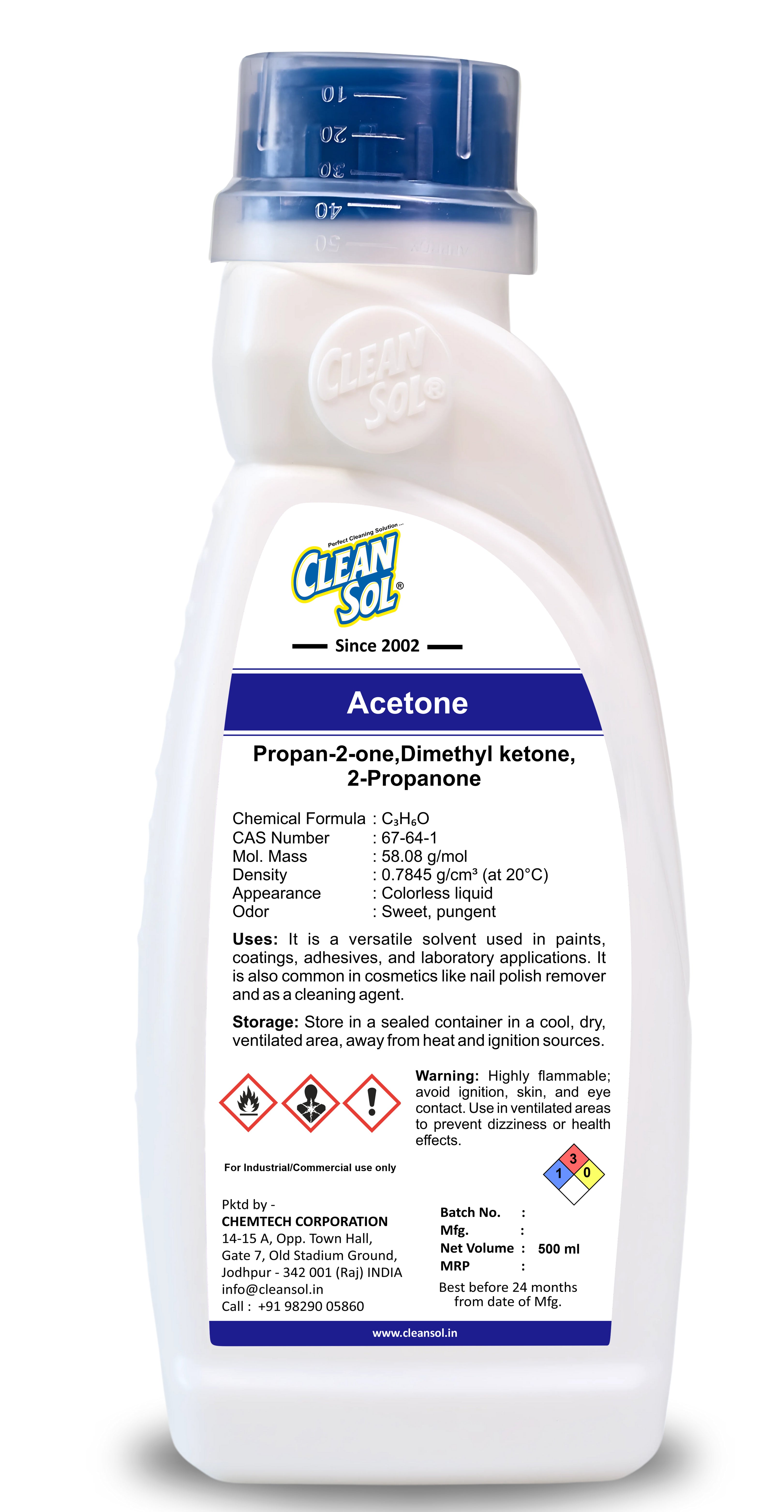 Cleansol Acetone 99.9% Pure | Industrial-Grade Solvent for Paints, Coatings, Adhesives, and Cosmetics | Nail Polish Remover | Multipurpose Cleaning Agent