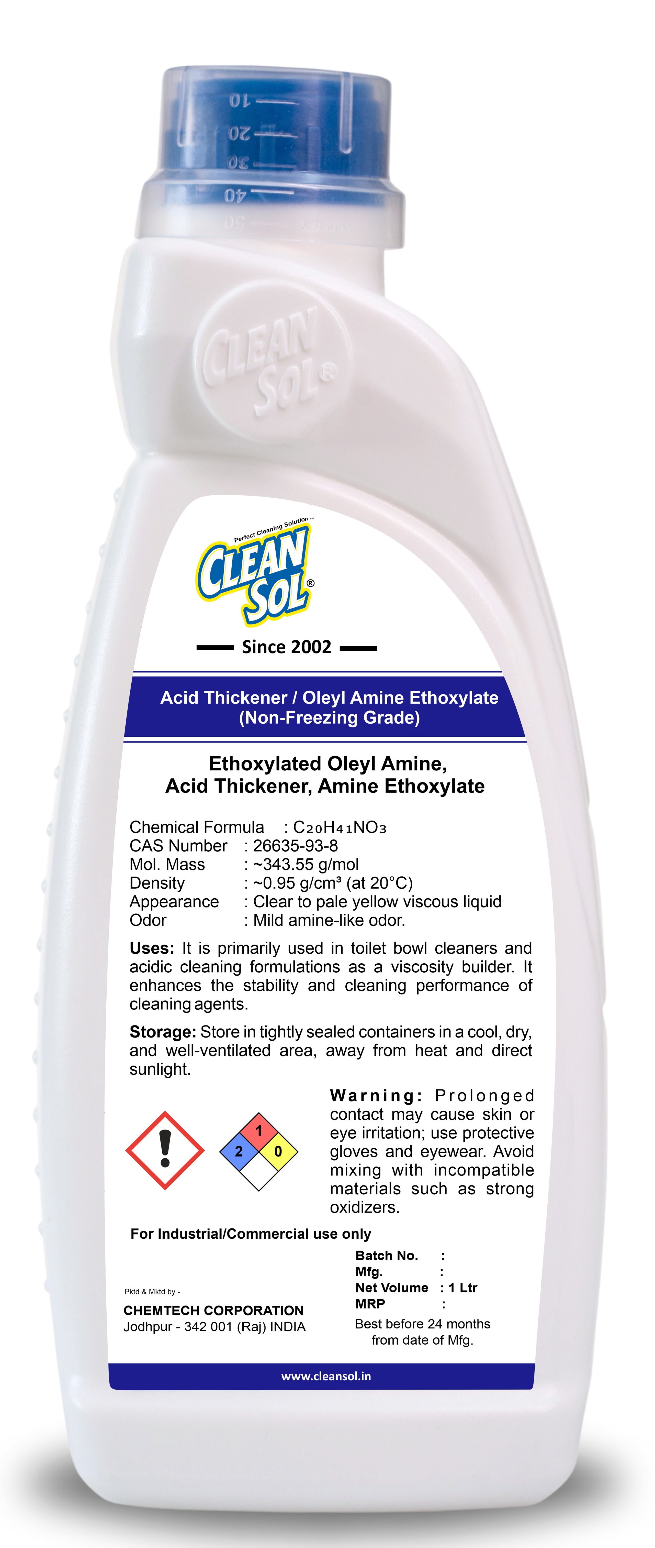 Cleansol Acid Thickener, Oleyl Amine Ethoxylate | High-Performance Viscosity Builder for Toilet Bowl Cleaners & Acidic Cleaning Formulations - 250ml/500ml/1L/5L