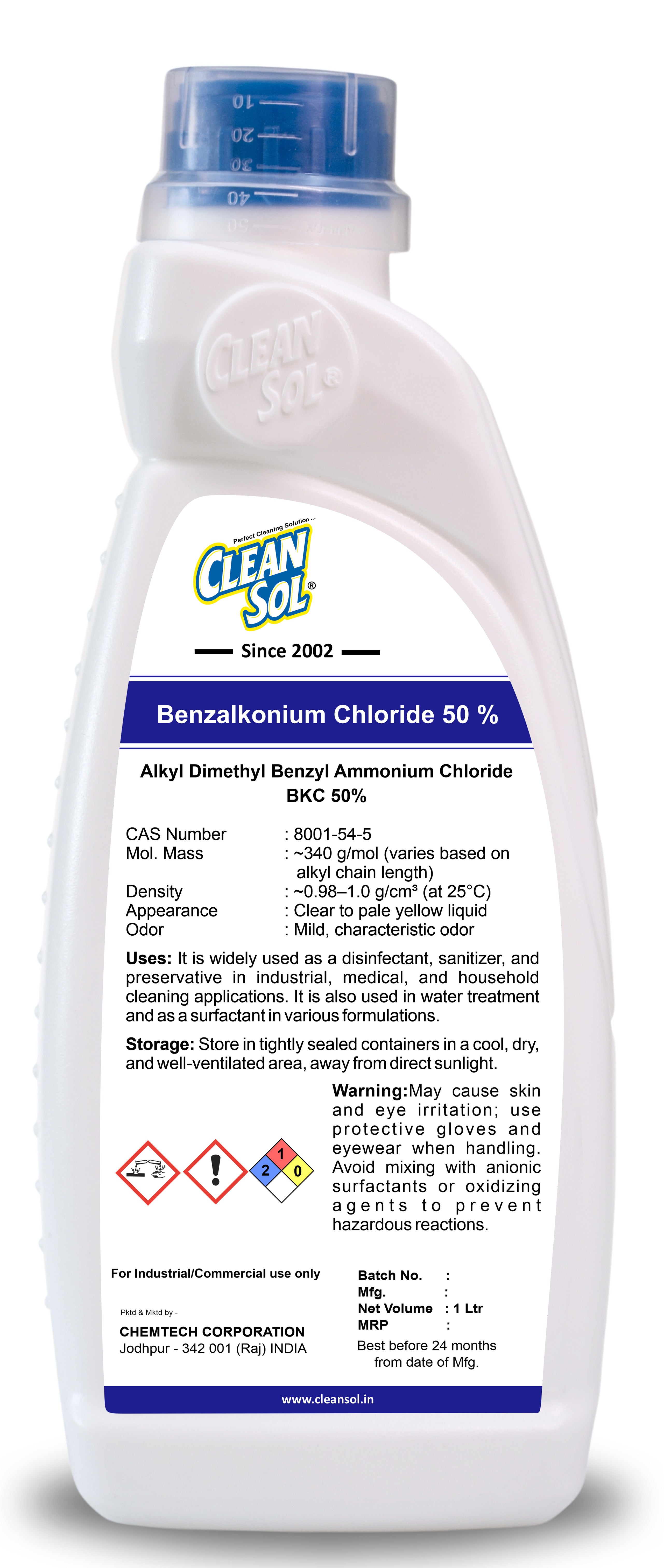 Cleansol BKC 50% (Benzalkonium Chloride) | High-Performance Disinfectant & Sanitizer for Cleaning, Water Treatment, and Industrial Applications - 250ml/500ml/1L/5L