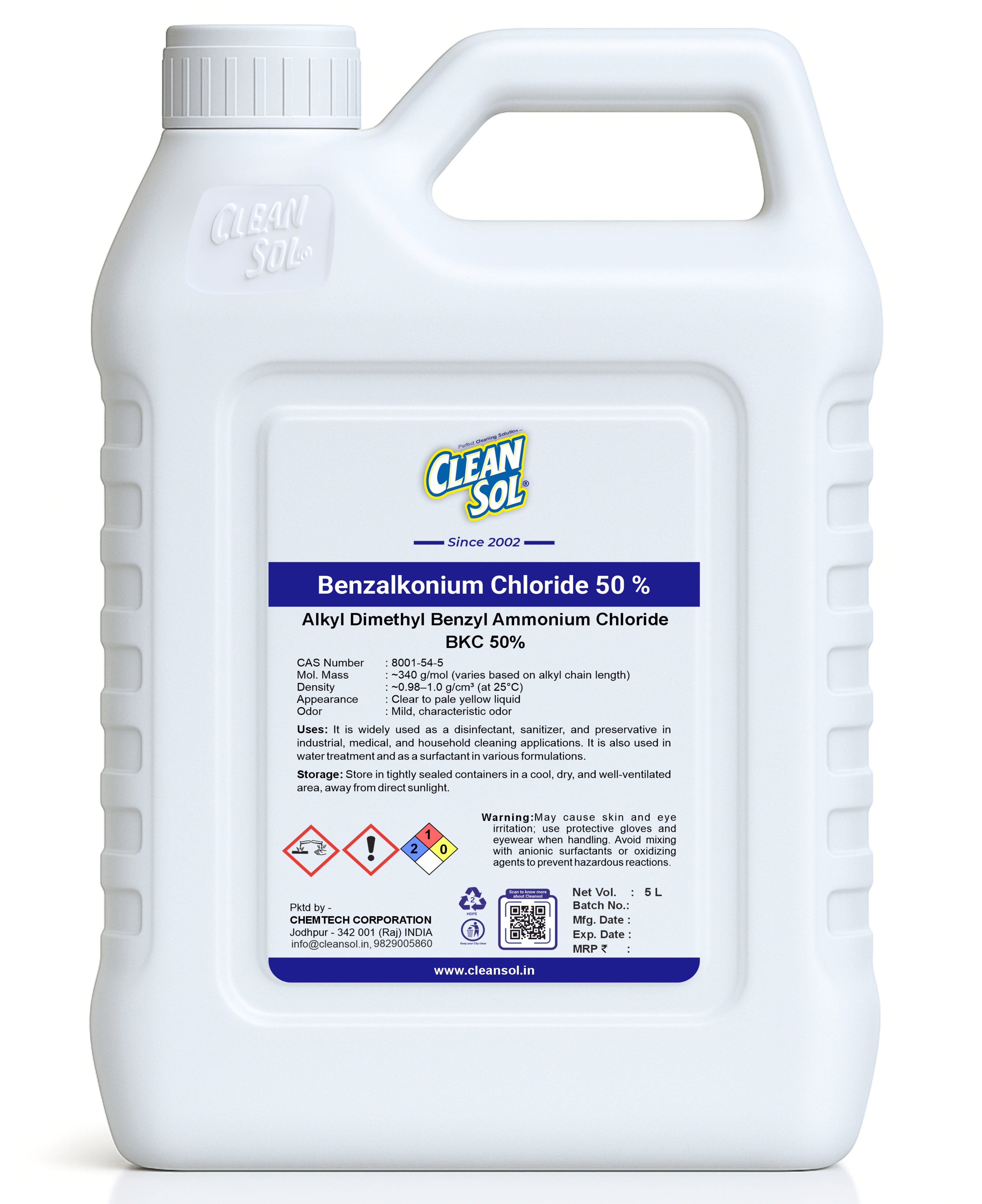 Cleansol BKC 50% (Benzalkonium Chloride) | High-Performance Disinfectant & Sanitizer for Cleaning, Water Treatment, and Industrial Applications - 250ml/500ml/1L/5L