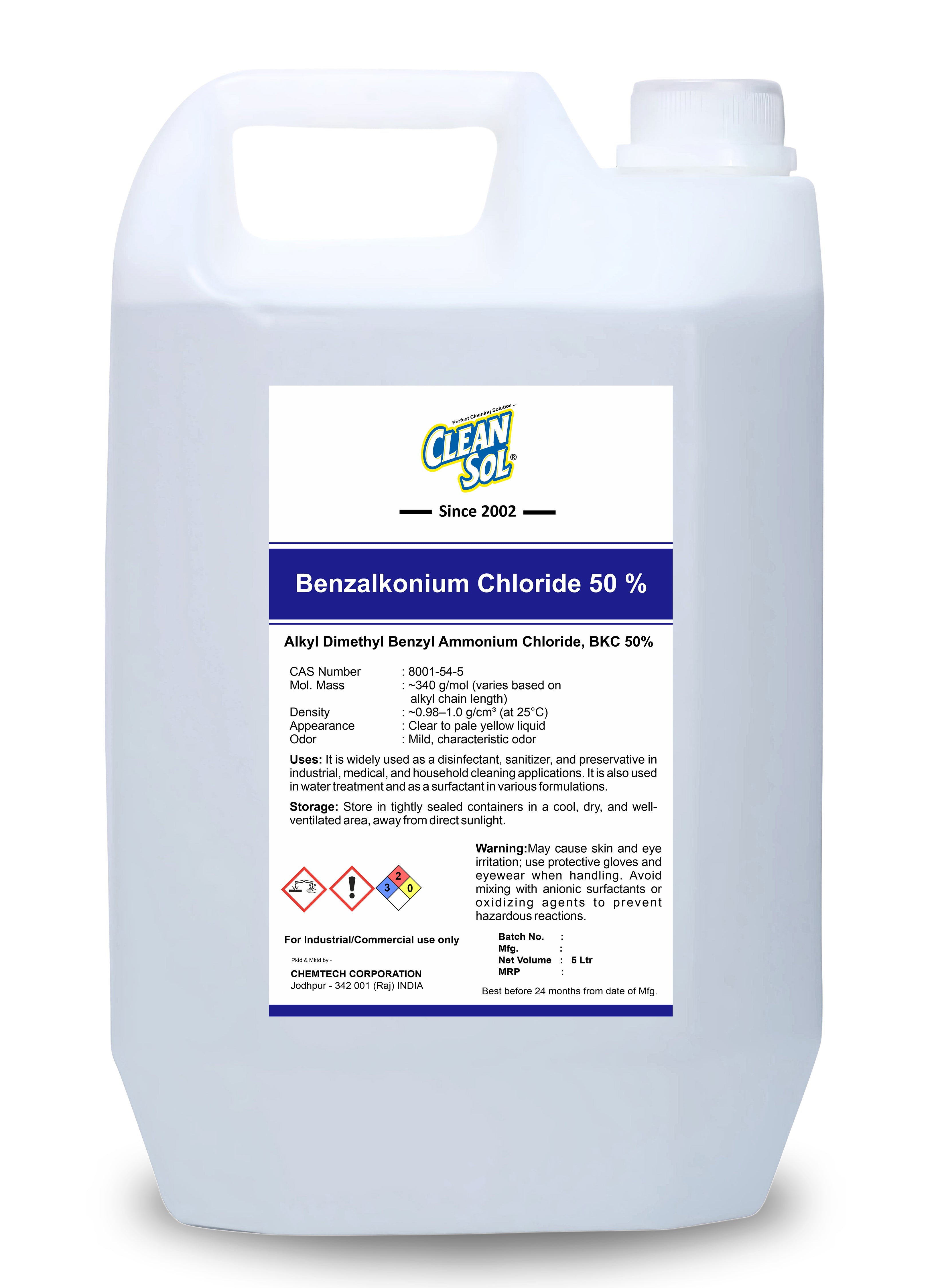 Cleansol BKC 50% (Benzalkonium Chloride) | High-Performance Disinfectant & Sanitizer for Cleaning, Water Treatment, and Industrial Applications - 250ml/500ml/1L/5L