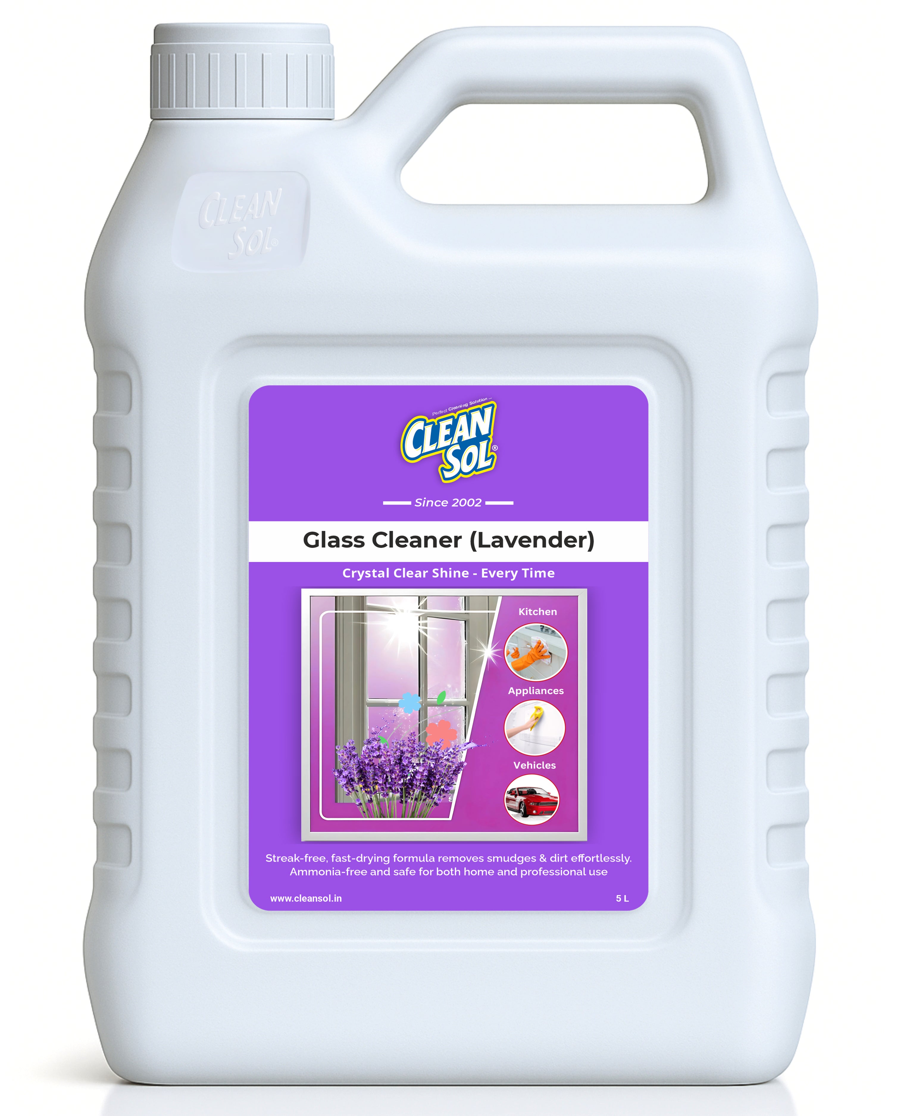 Cleansol Glass Cleaner Spray – Lavender Fragrance | Streak-Free, Non-Toxic, Ammonia-Free, Eco-Friendly Multi-Surface Cleaner for Windows, Mirrors, Car Windshields, Kitchen & Home Cleaning - 5 ltr