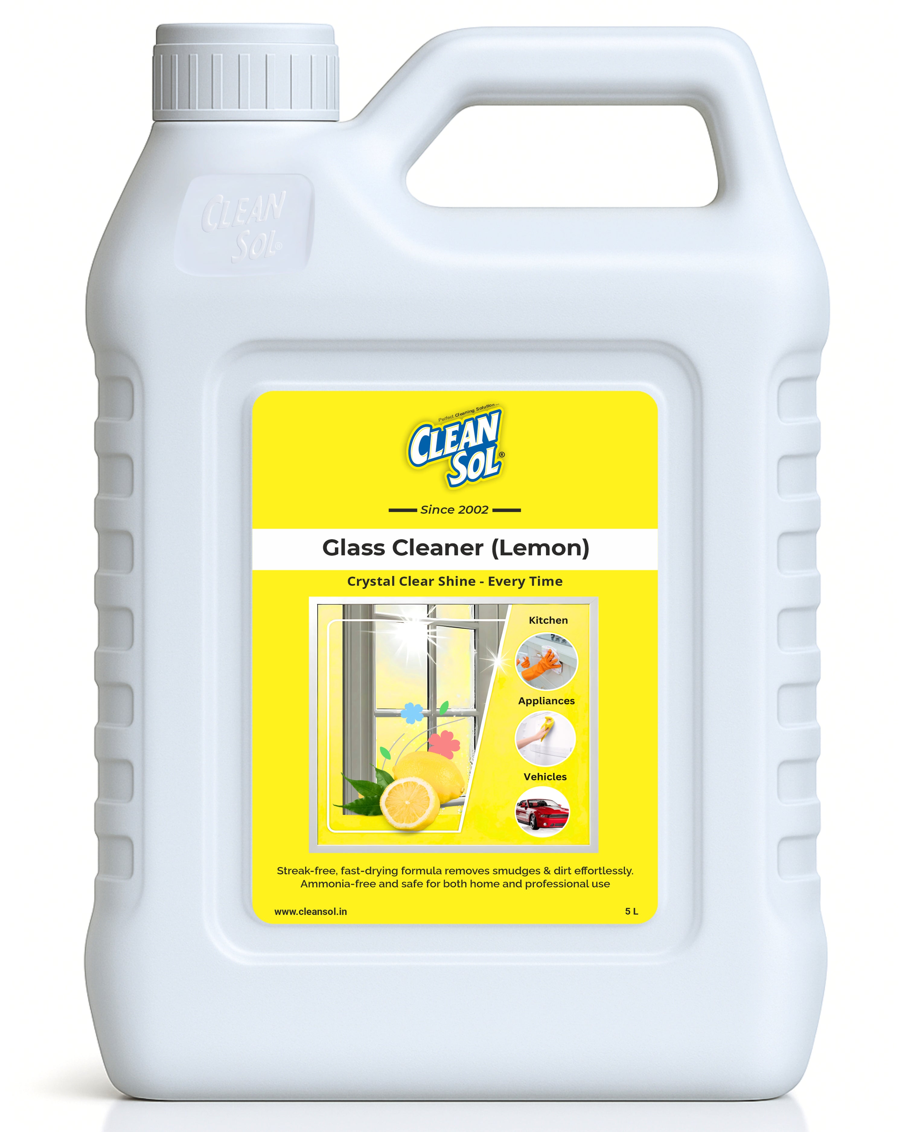 Cleansol Glass Cleaner Spray – Lemon Fragrance | Streak-Free, Non-Toxic, Ammonia-Free, Eco-Friendly Multi-Surface Cleaner for Windows, Mirrors, Car Windshields, Kitchen & Home Cleaning - 5 ltr