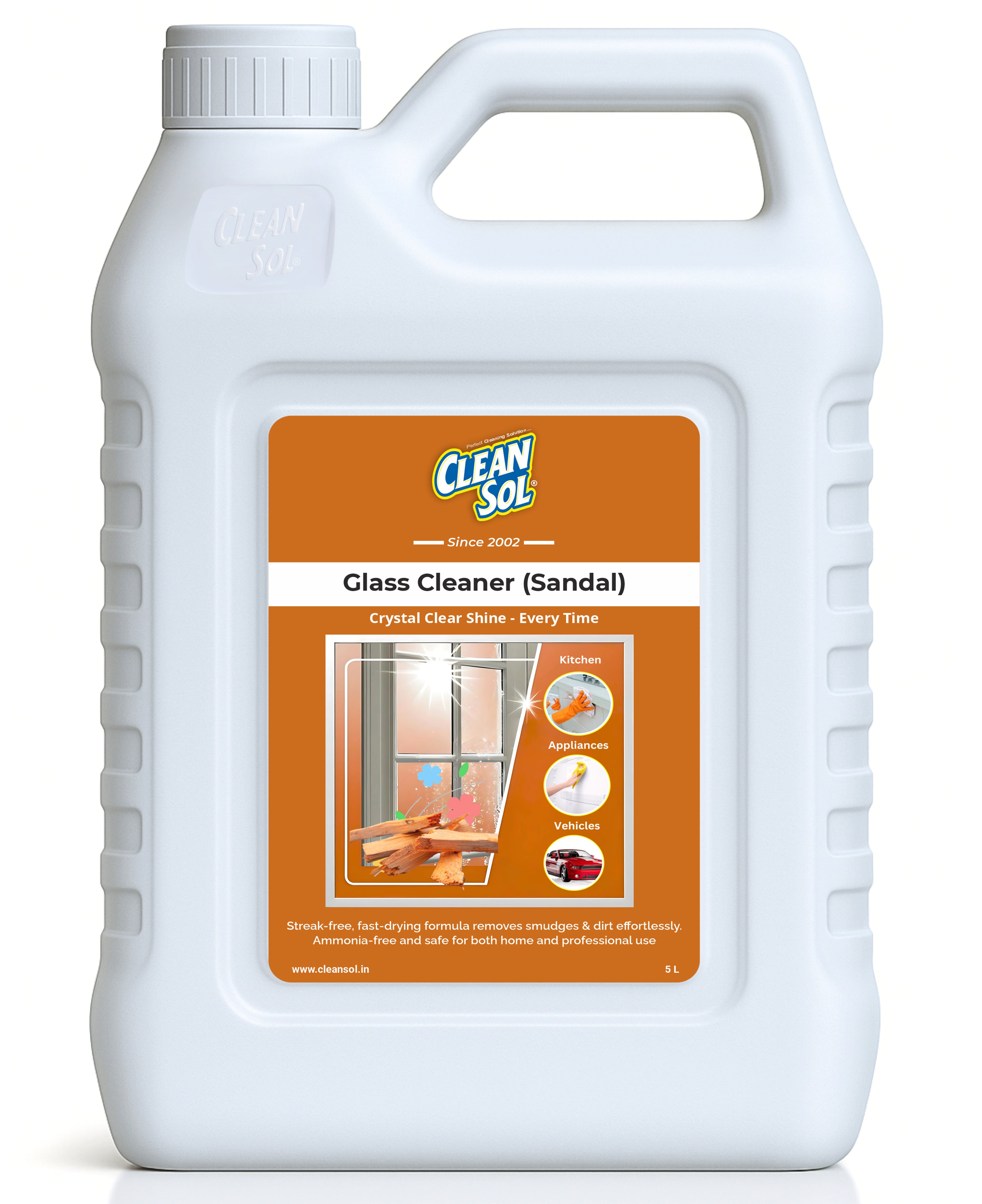 Cleansol Glass Cleaner Spray – Sandalwood Fragrance | Streak-Free, Non-Toxic, Ammonia-Free, Eco-Friendly Multi-Surface Cleaner for Windows, Mirrors, Car Windshields, Kitchen & Home Cleaning - 5 ltr