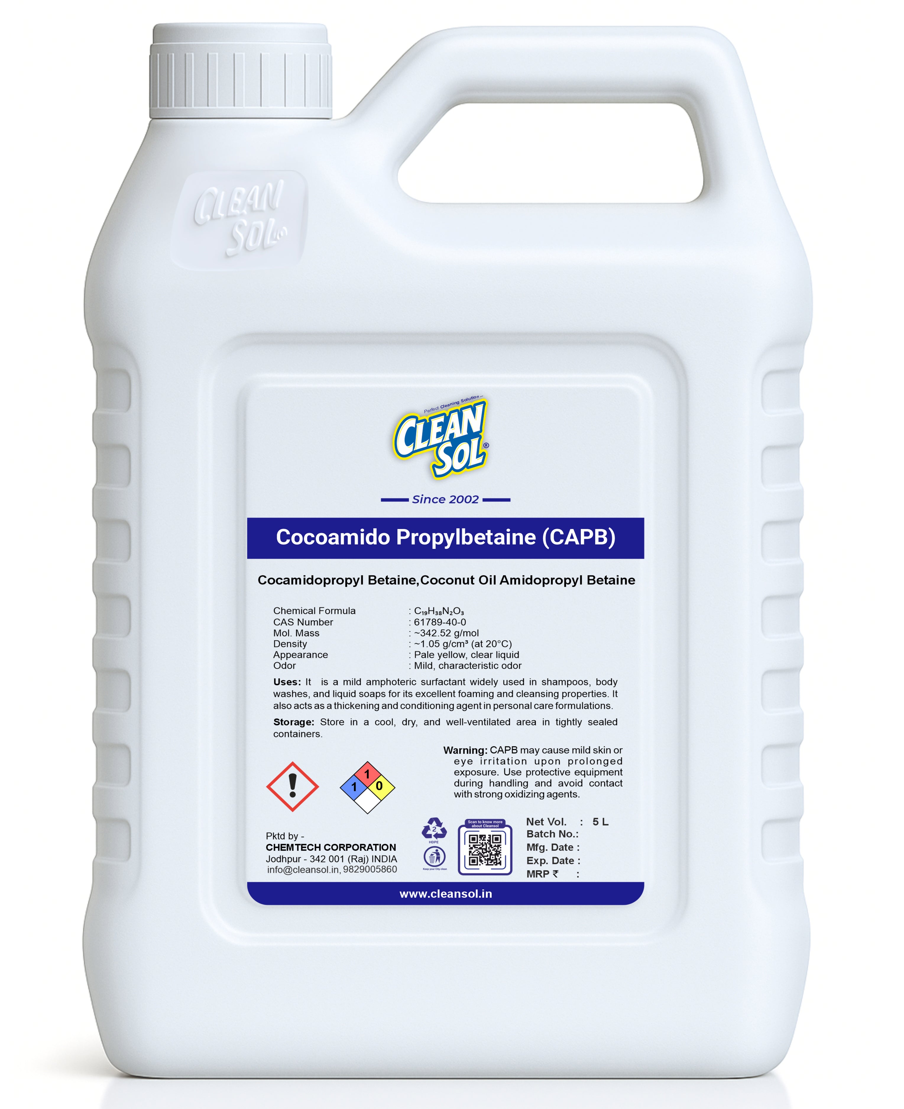 Cleansol Cocamidopropyl Betaine (CAPB) | Mild Surfactant for Shampoos, Body Washes, and Liquid Soaps | Foam Booster & Conditioning Agent for Personal Care