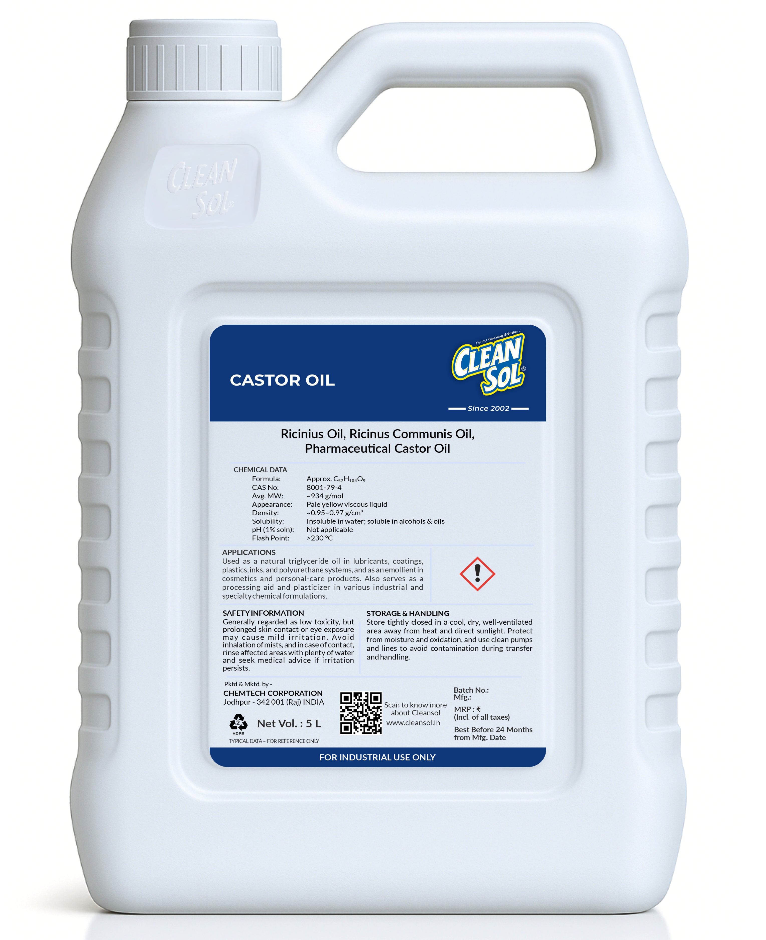 Cleansol Castor Oil – For Hair Care, Lubricants & Cosmetic Formulations