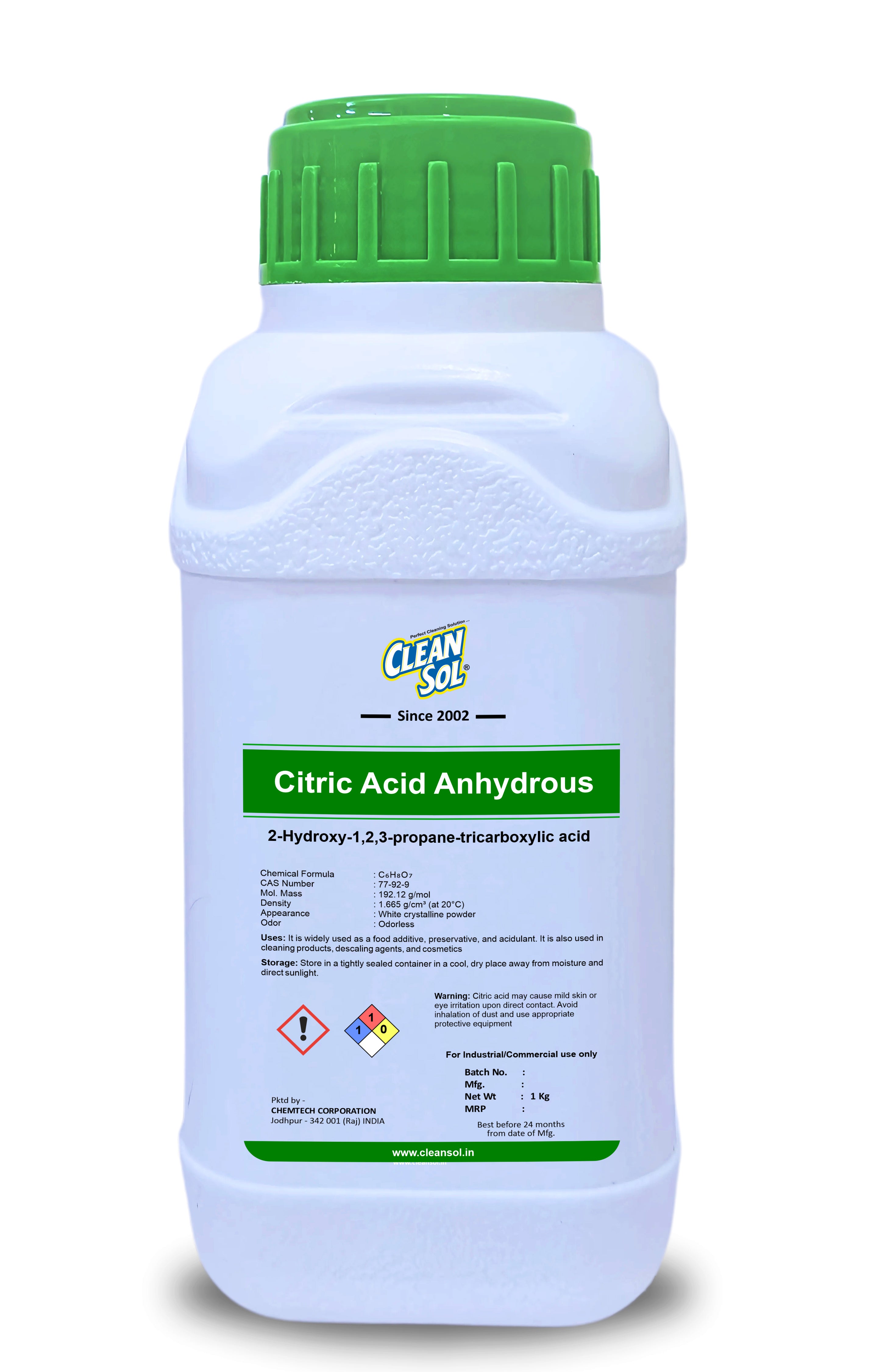 Cleansol Citric Acid Anhydrous | Versatile Preservative & Cleaning Agent for Descaling, Beverages, and Cosmetics - 500g/1kg/5kg