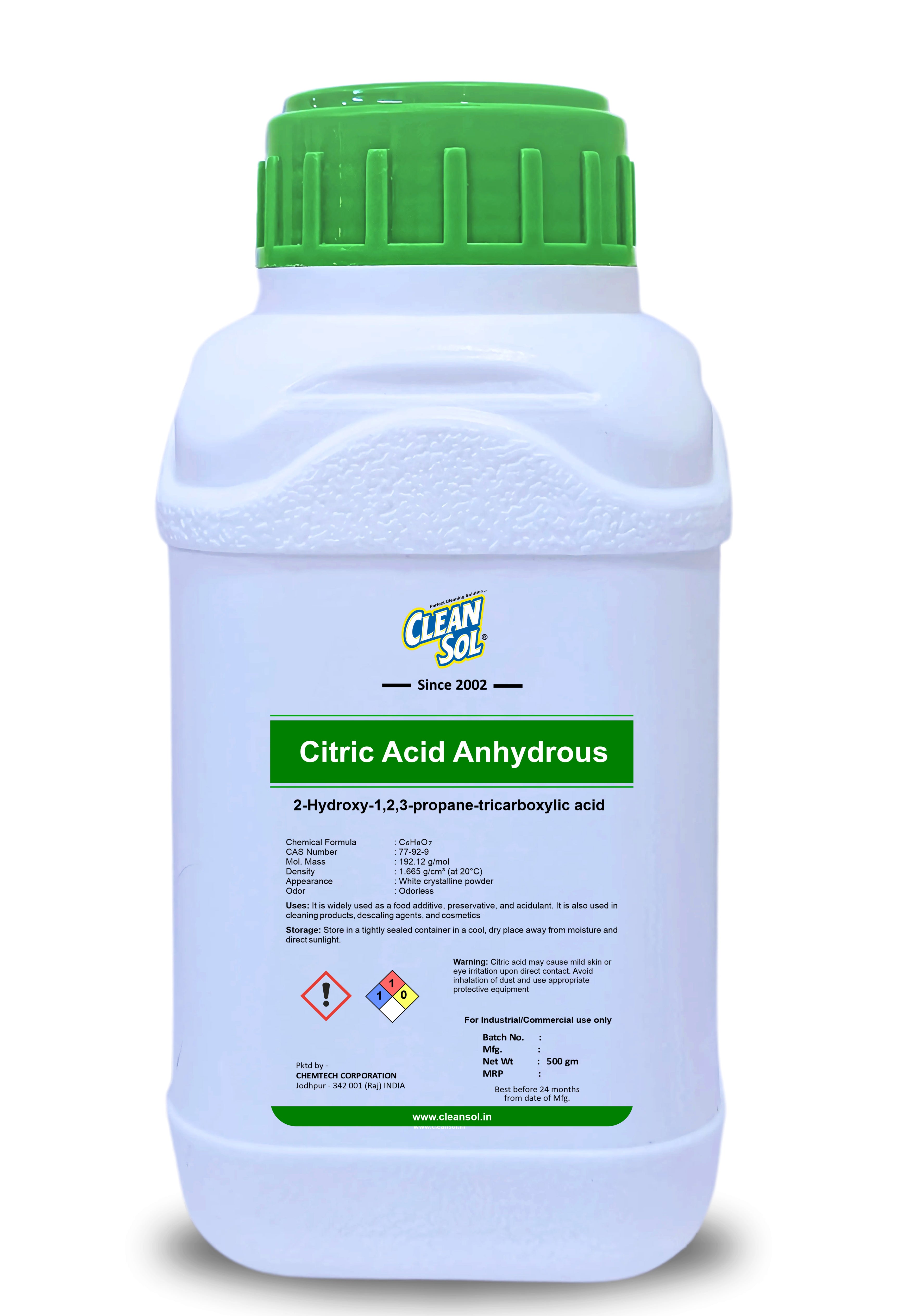 Cleansol Citric Acid Anhydrous | Versatile Preservative & Cleaning Agent for Descaling, Beverages, and Cosmetics - 500g/1kg/5kg