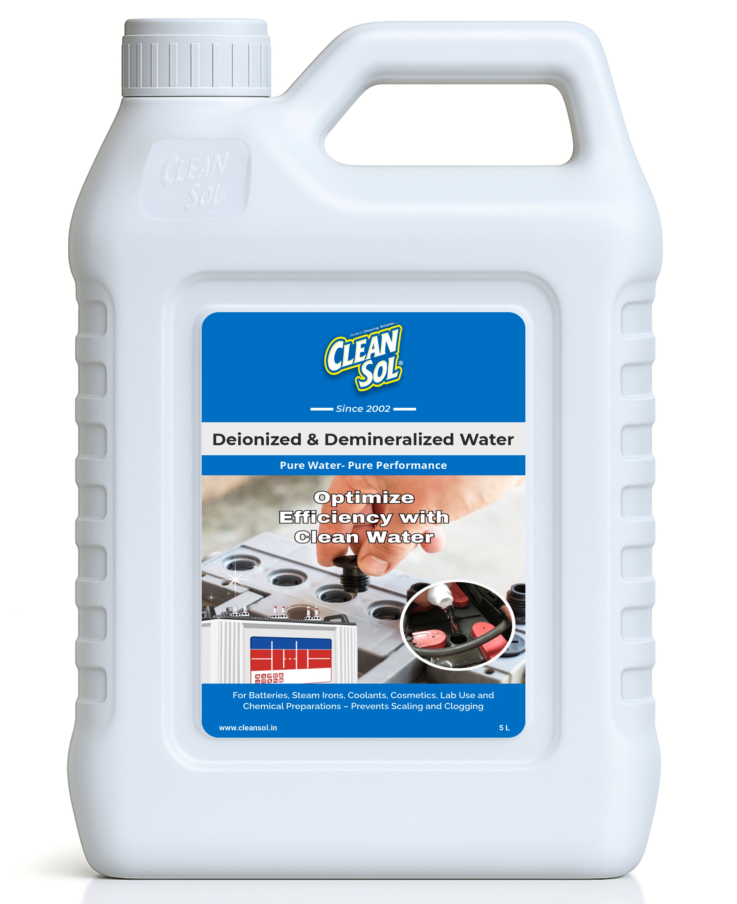 Cleansol Deionized Demineralized Distilled Water (0 TDS) – 5 Litre | Ideal for Battery, Inverter, Machine, Steam, Lab, Soap Making & Cosmetics