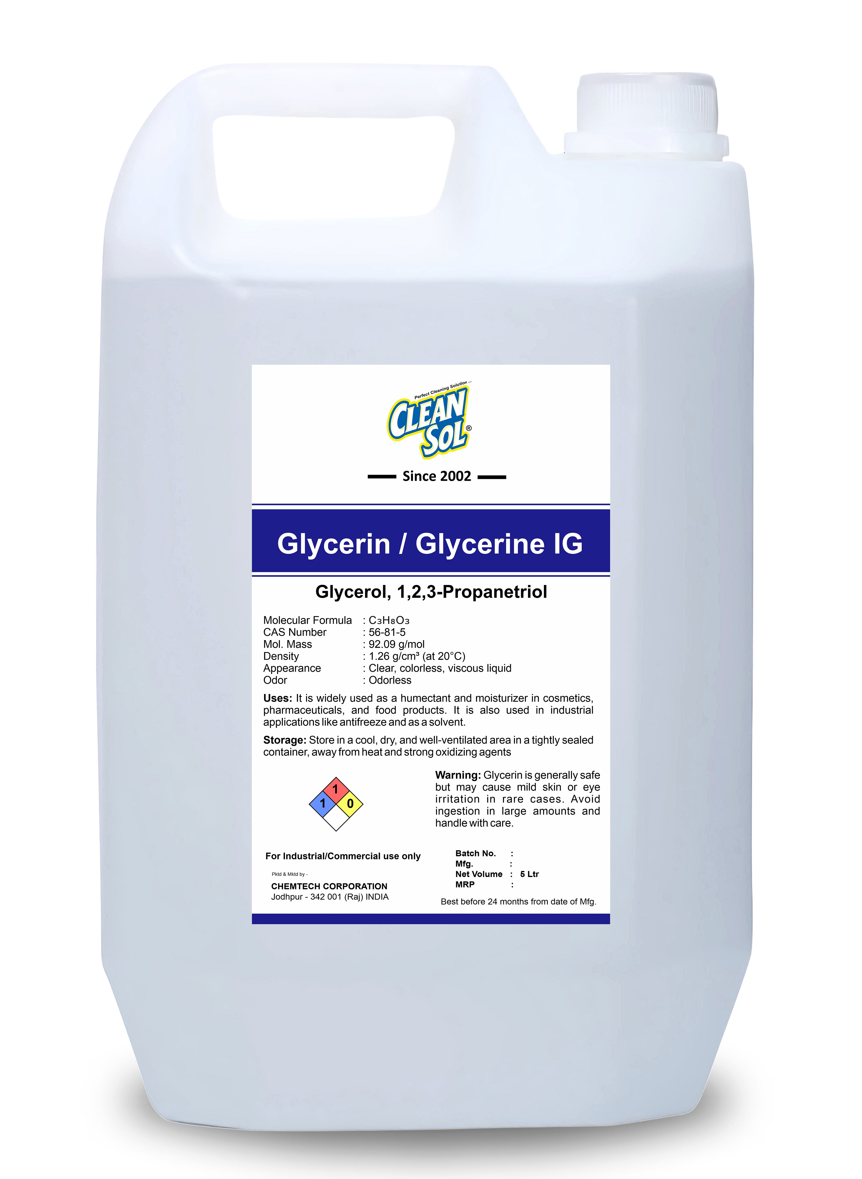 Cleansol Glycerin | IG Humectant for Cosmetics, Pharmaceuticals, and Industrial Applications -250ml /500ml/1L/5L