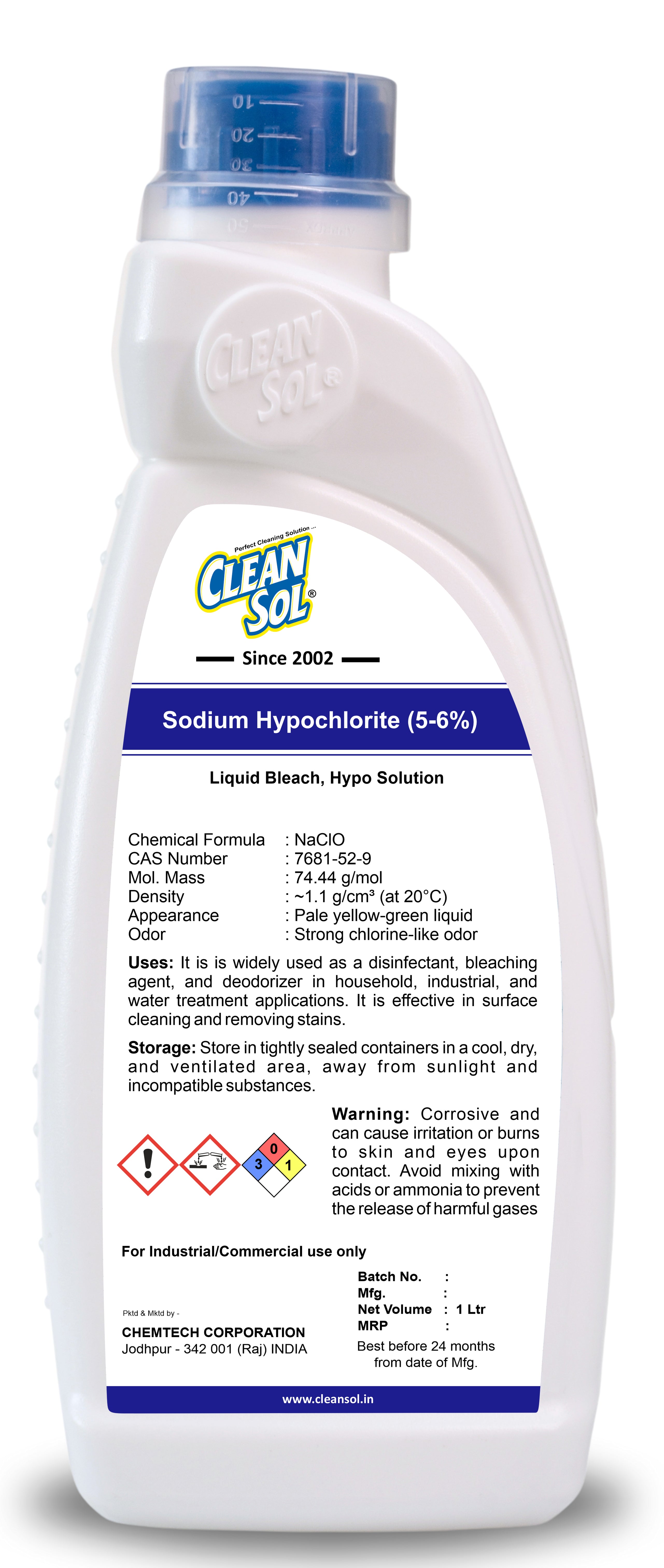 Cleansol Sodium Hypochlorite (5-6%) | Powerful Disinfectant & Bleaching Agent for Cleaning, Water Treatment, and Surface Stain Removal