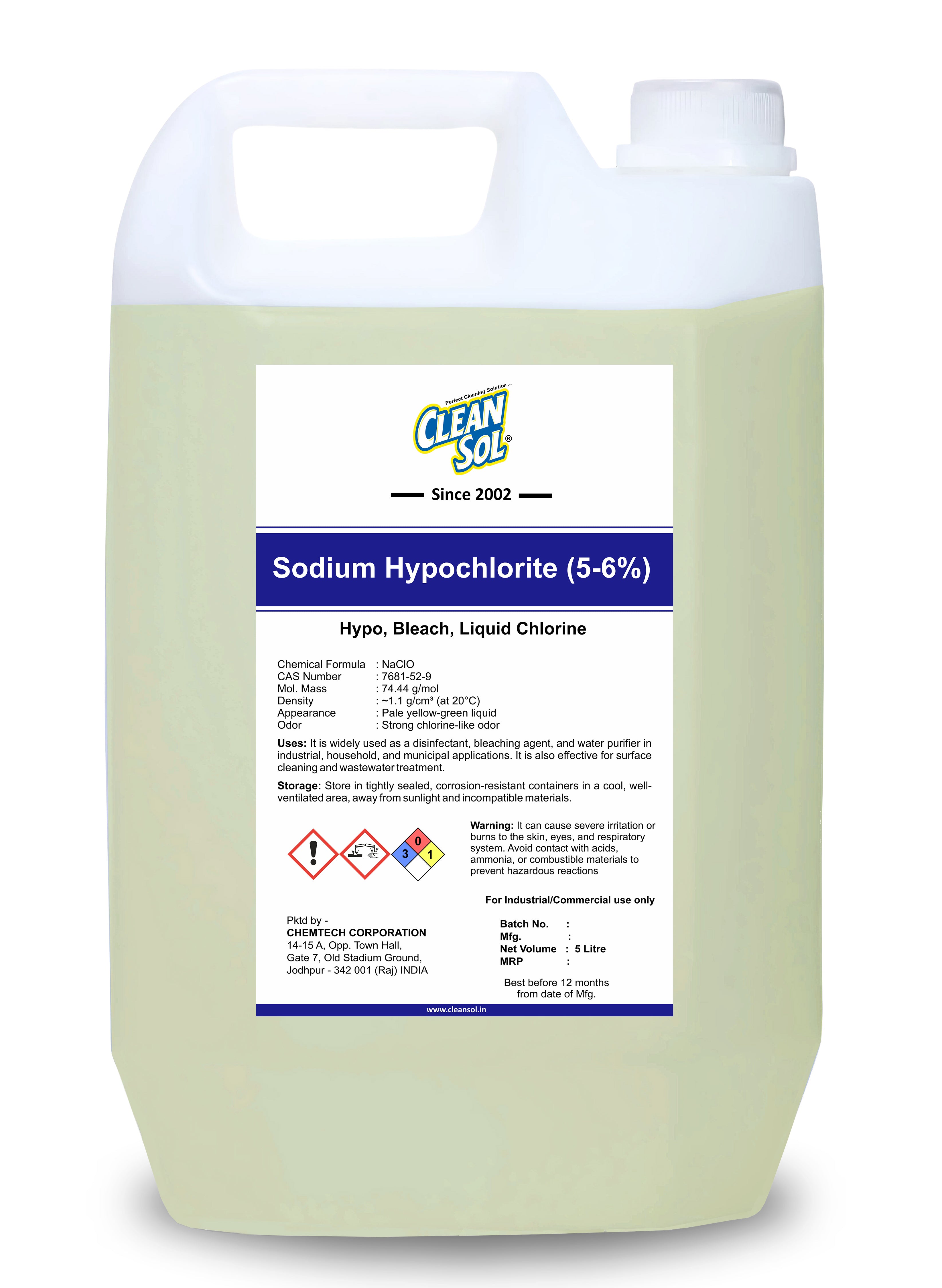 Cleansol Sodium Hypochlorite (5-6%) | Powerful Disinfectant & Bleaching Agent for Cleaning, Water Treatment, and Surface Stain Removal