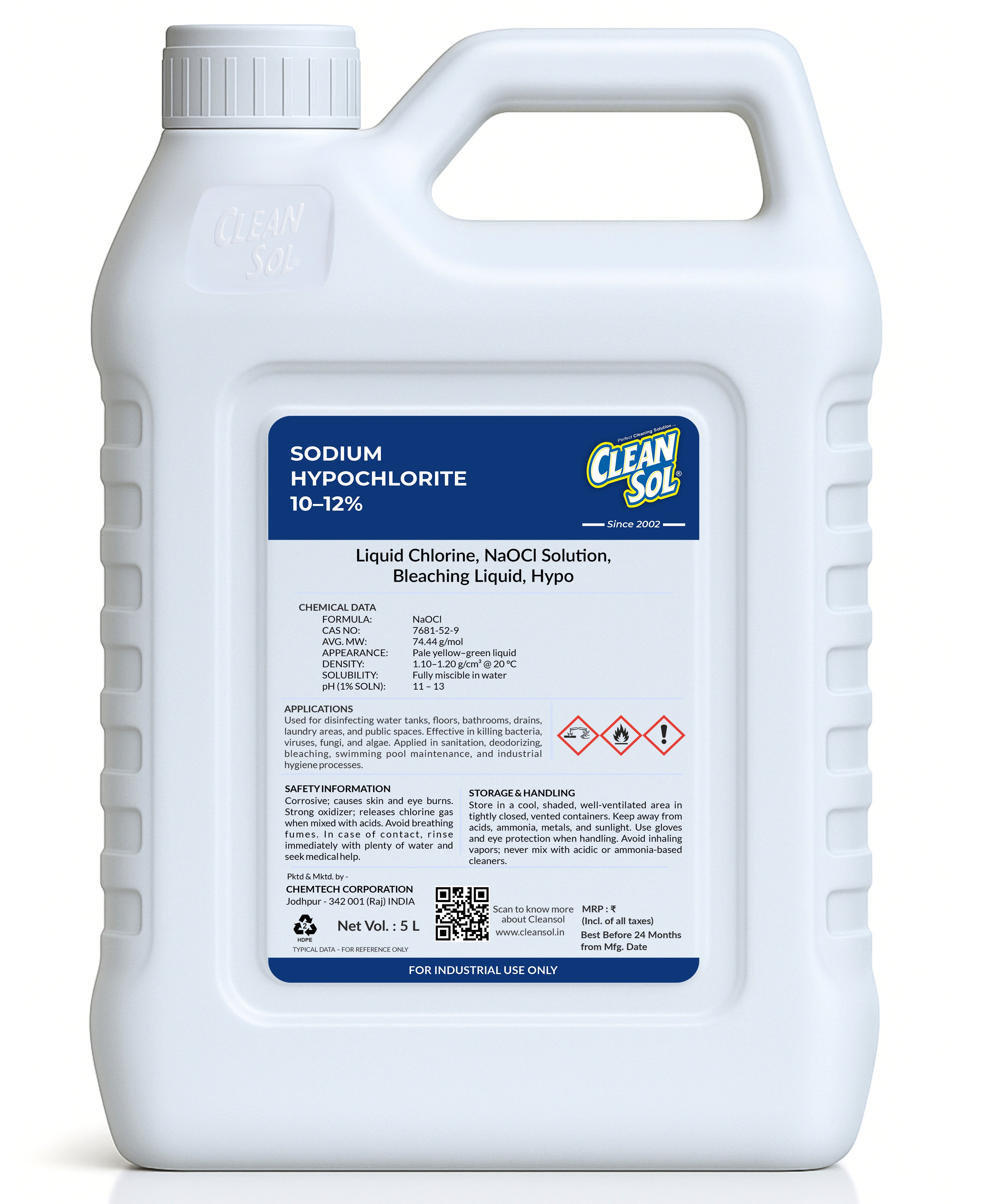 Cleansol Sodium Hypochlorite (10–12%) | Surface Disinfectant & Sanitizer