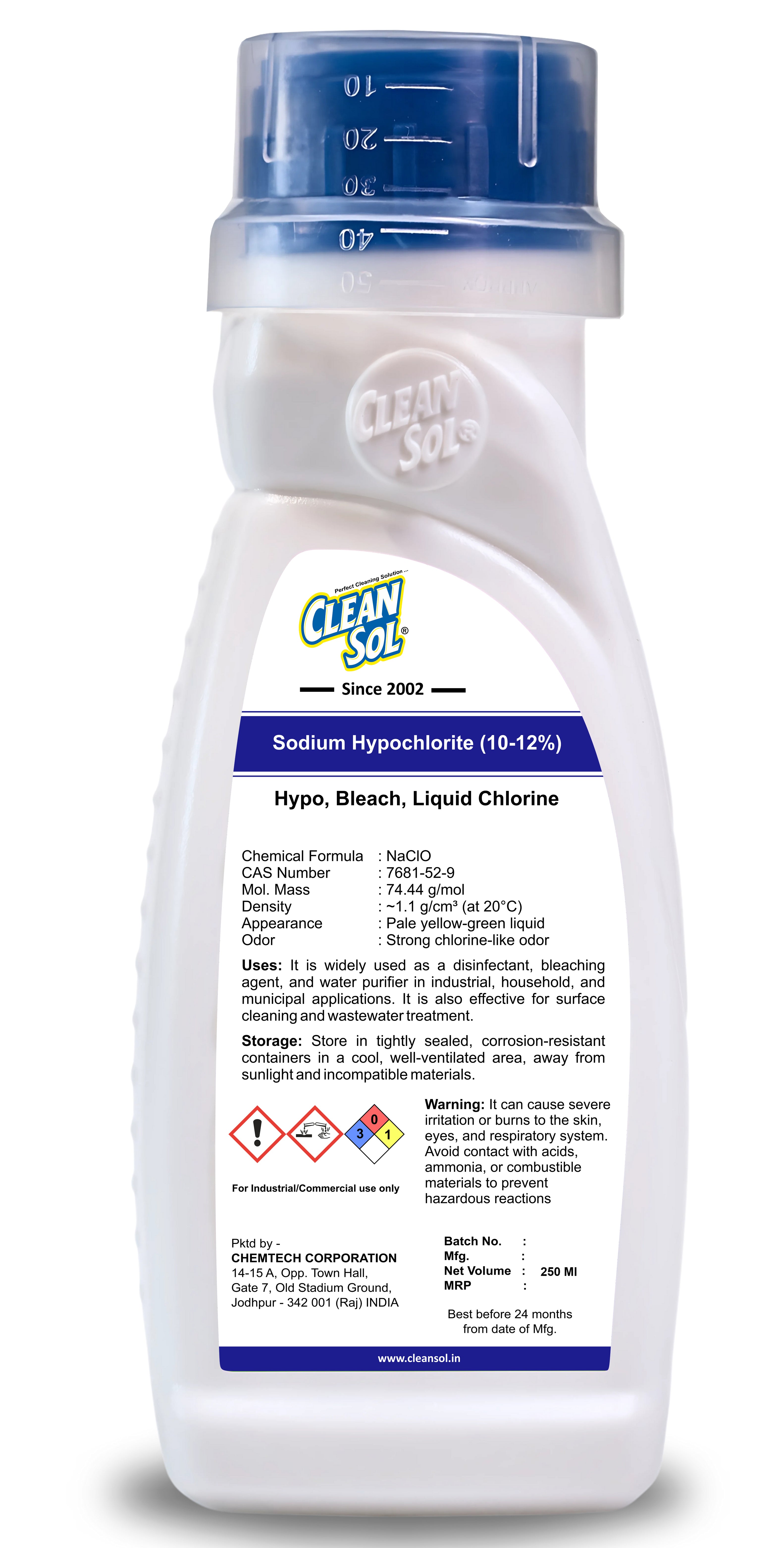 Cleansol Sodium Hypochlorite (10-12%) | Powerful Disinfectant & Bleaching Agent for Water Treatment, Cleaning, and Hygiene | Industrial-Grade Liquid Chlorine