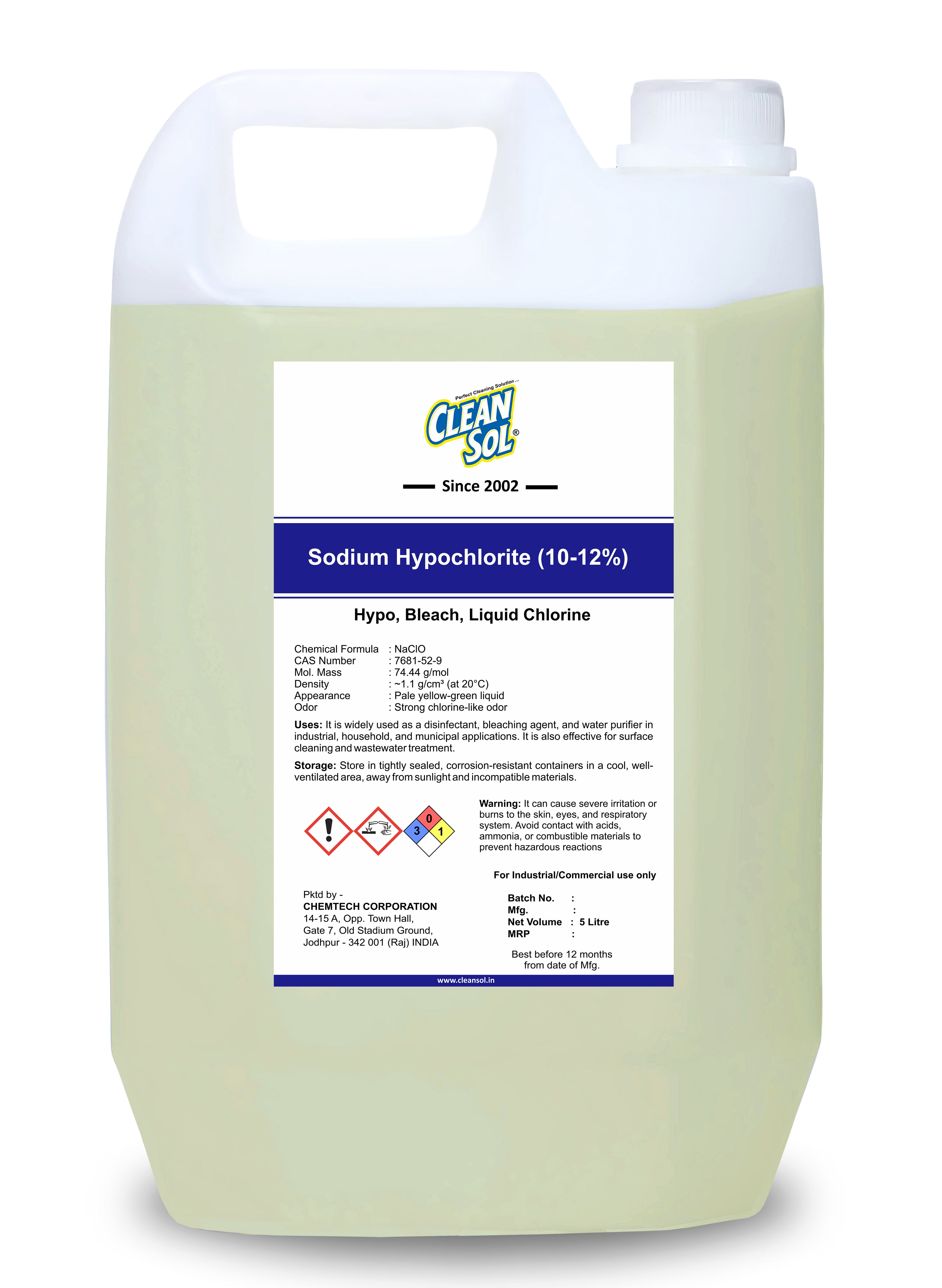 Cleansol Sodium Hypochlorite (10-12%) | Powerful Disinfectant & Bleaching Agent for Water Treatment, Cleaning, and Hygiene | Industrial-Grade Liquid Chlorine