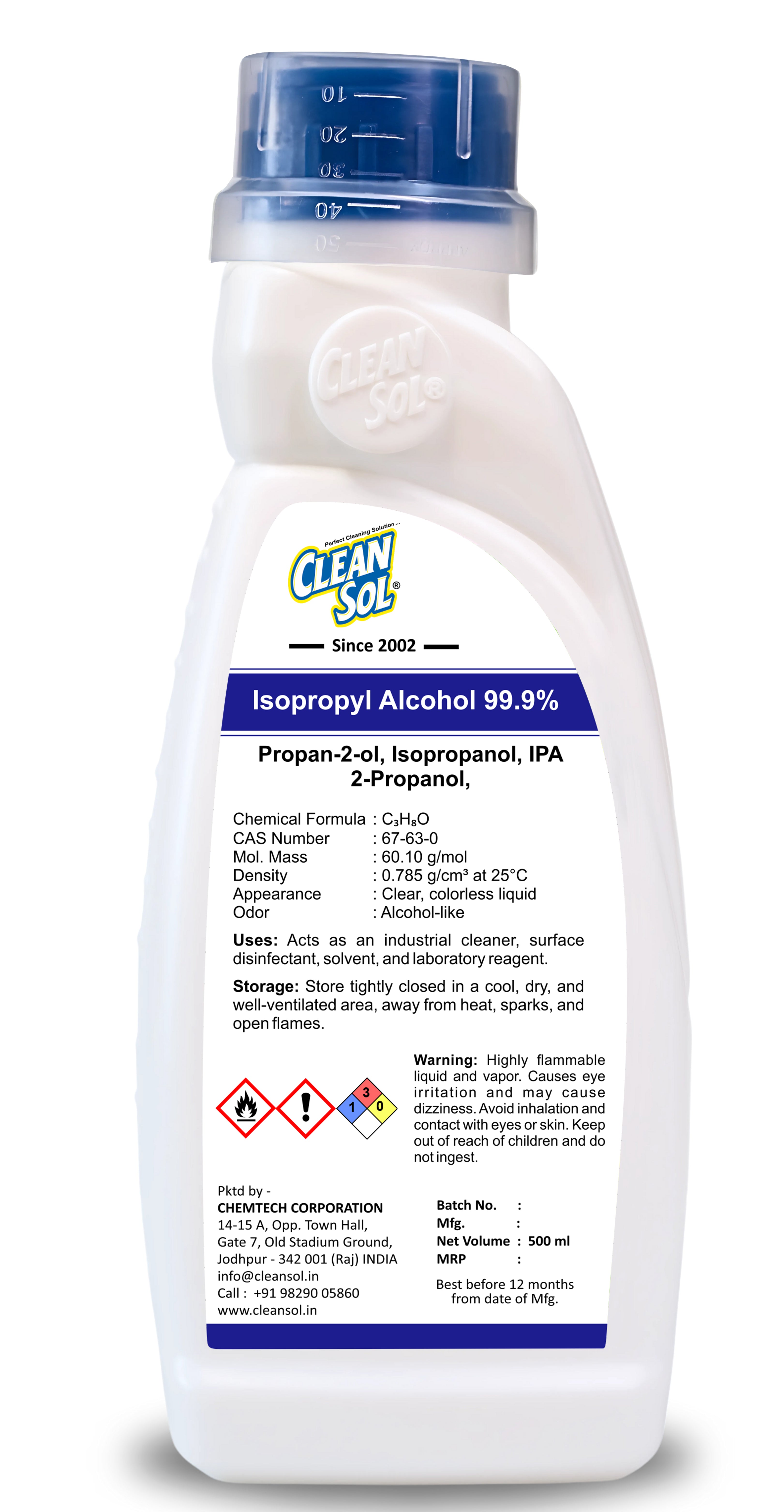 Cleansol Isopropyl Alcohol 99.9% - High Purity IPA Solvent for Cleaning, Disinfection, and Industrial Applications