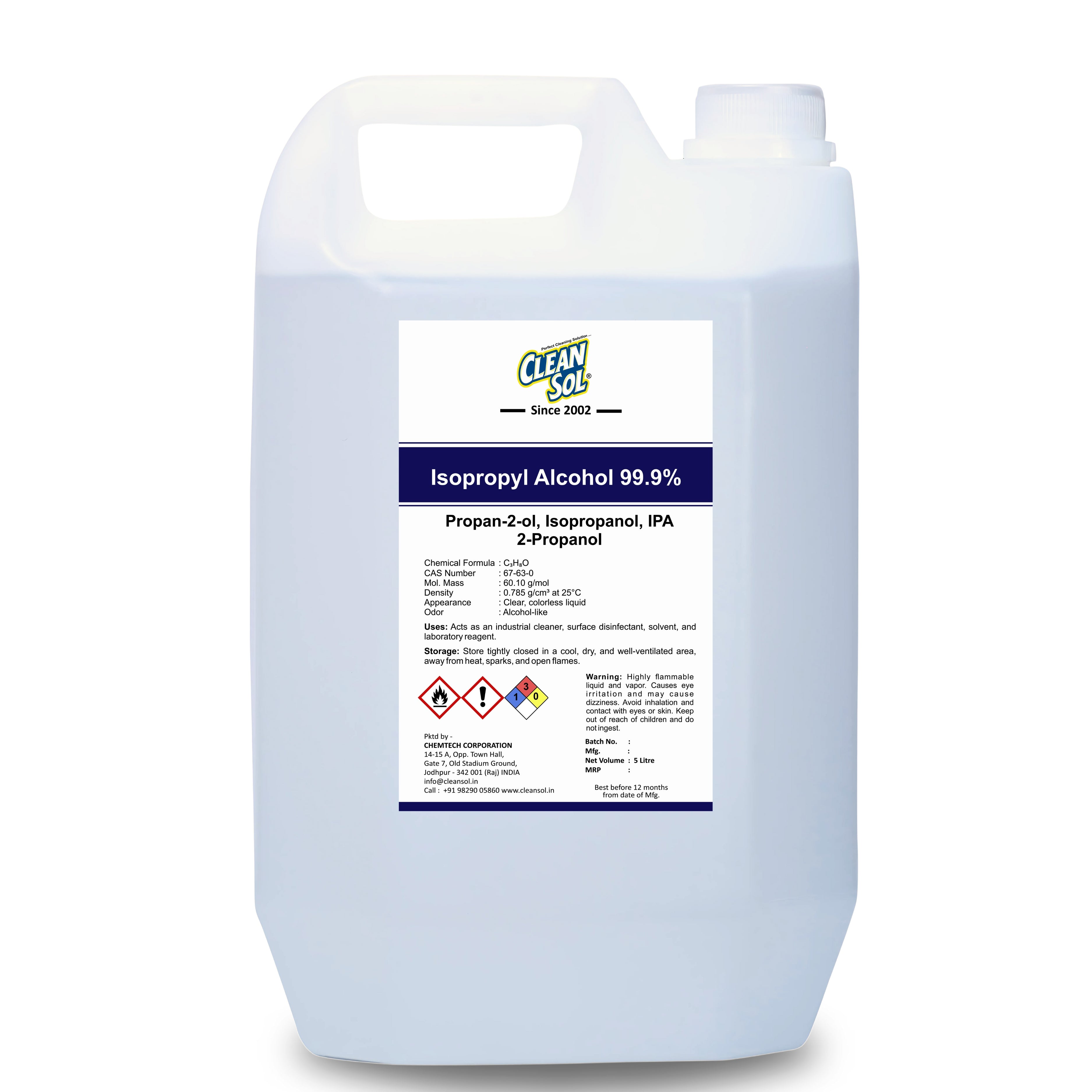 Cleansol Isopropyl Alcohol 99.9% - High Purity IPA Solvent for Cleaning, Disinfection, and Industrial Applications